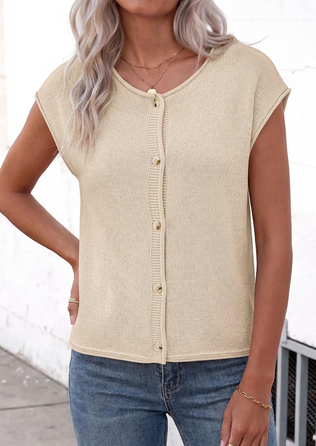 imagePRETTYGARDEN Womens Cap Short Sleeve Sweater Vest 2026 Spring Summer Lightweight Button Down Cardigans Trendy Loose TopsBeige