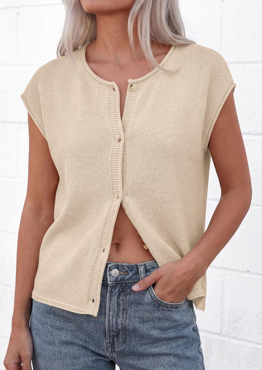 imagePRETTYGARDEN Womens Cap Short Sleeve Sweater Vest 2026 Spring Summer Lightweight Button Down Cardigans Trendy Loose TopsBeige
