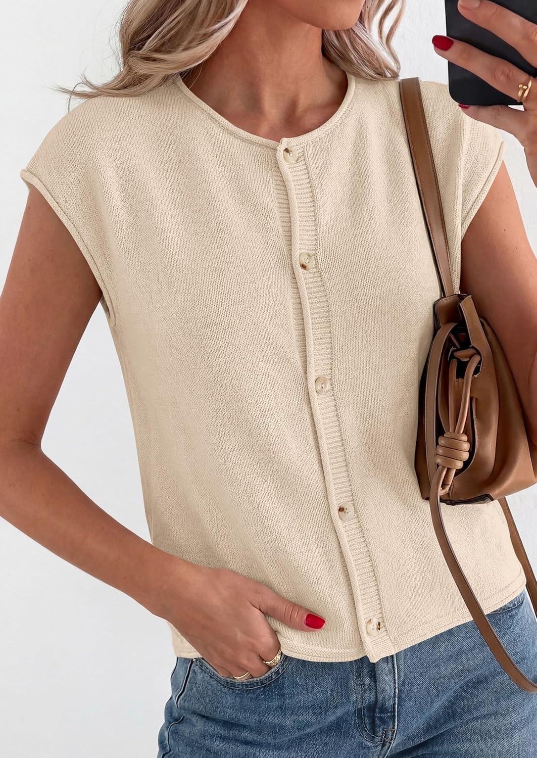 imagePRETTYGARDEN Womens Cap Short Sleeve Sweater Vest 2026 Spring Summer Lightweight Button Down Cardigans Trendy Loose TopsBeige