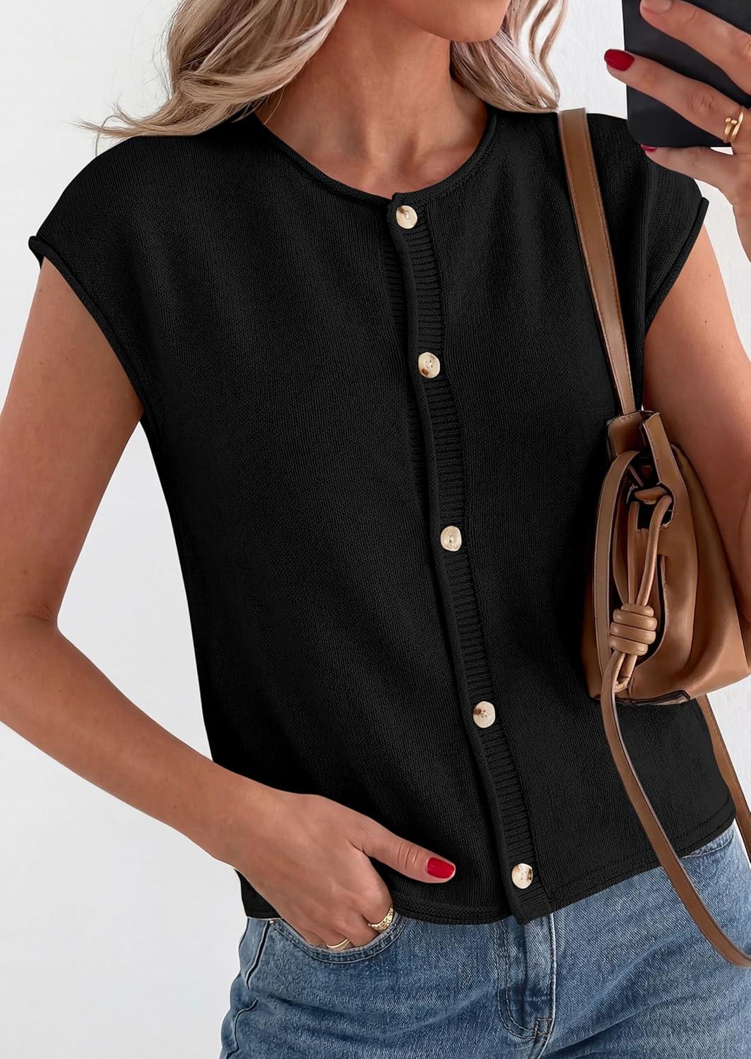 imagePRETTYGARDEN Womens Cap Short Sleeve Sweater Vest 2026 Spring Summer Lightweight Button Down Cardigans Trendy Loose TopsBlack