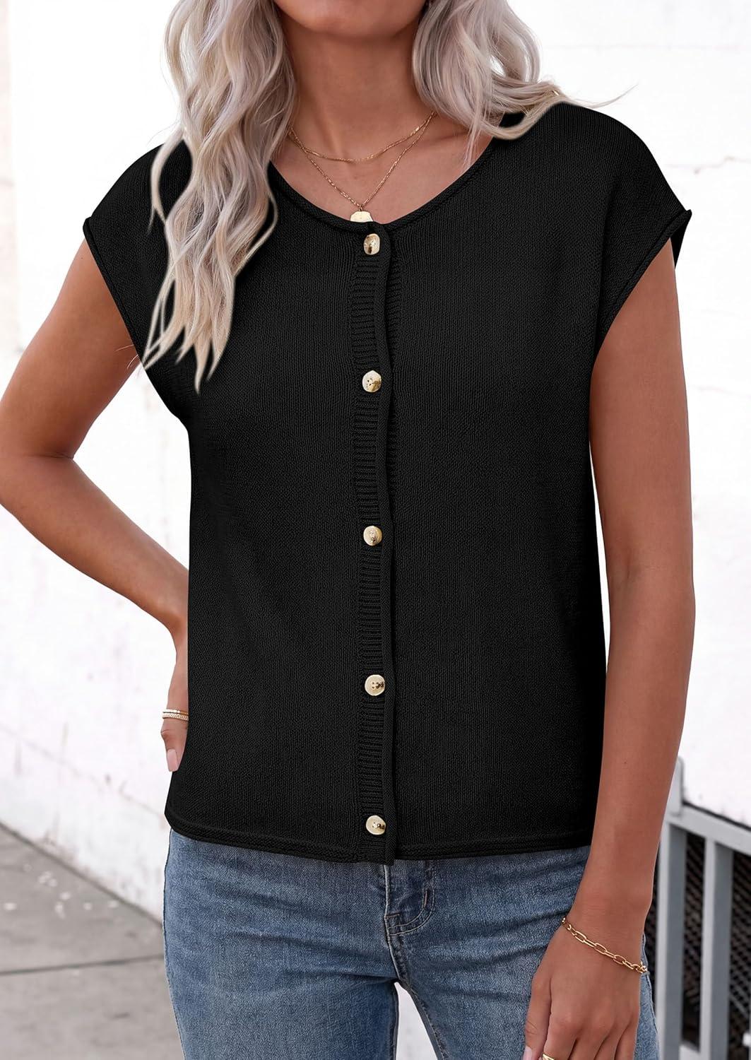 imagePRETTYGARDEN Womens Cap Short Sleeve Sweater Vest 2026 Spring Summer Lightweight Button Down Cardigans Trendy Loose TopsBlack