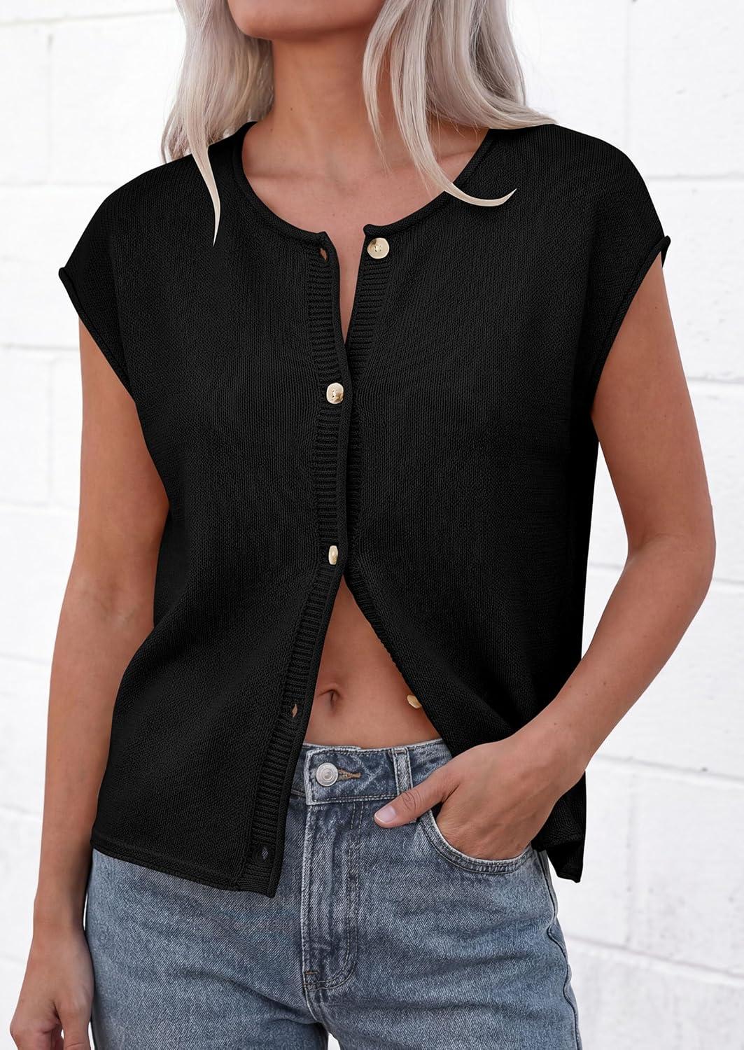 imagePRETTYGARDEN Womens Cap Short Sleeve Sweater Vest 2026 Spring Summer Lightweight Button Down Cardigans Trendy Loose TopsBlack