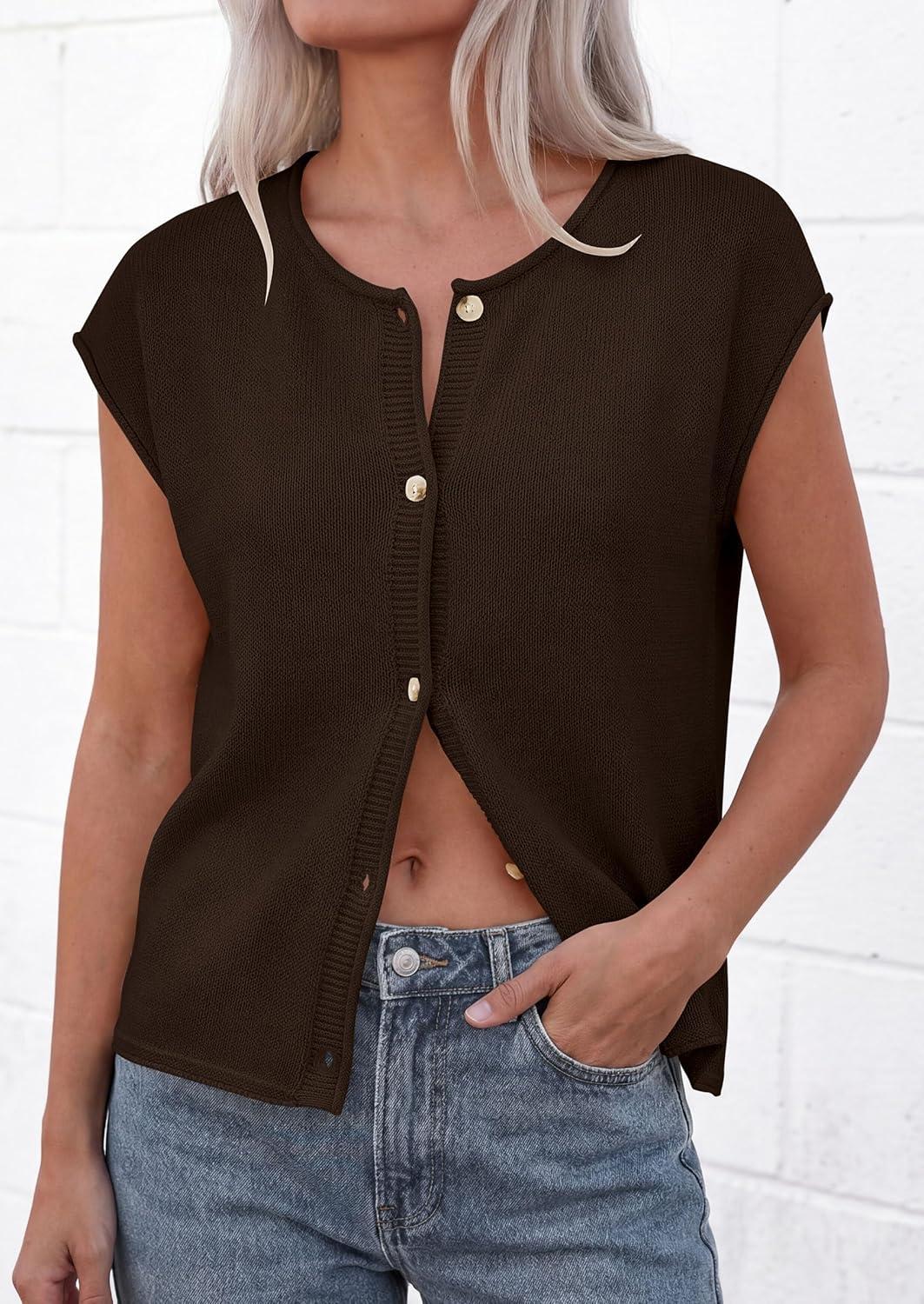 imagePRETTYGARDEN Womens Cap Short Sleeve Sweater Vest 2026 Spring Summer Lightweight Button Down Cardigans Trendy Loose TopsBrown