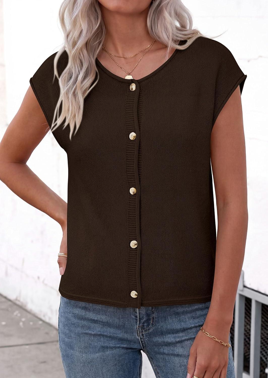 imagePRETTYGARDEN Womens Cap Short Sleeve Sweater Vest 2026 Spring Summer Lightweight Button Down Cardigans Trendy Loose TopsBrown