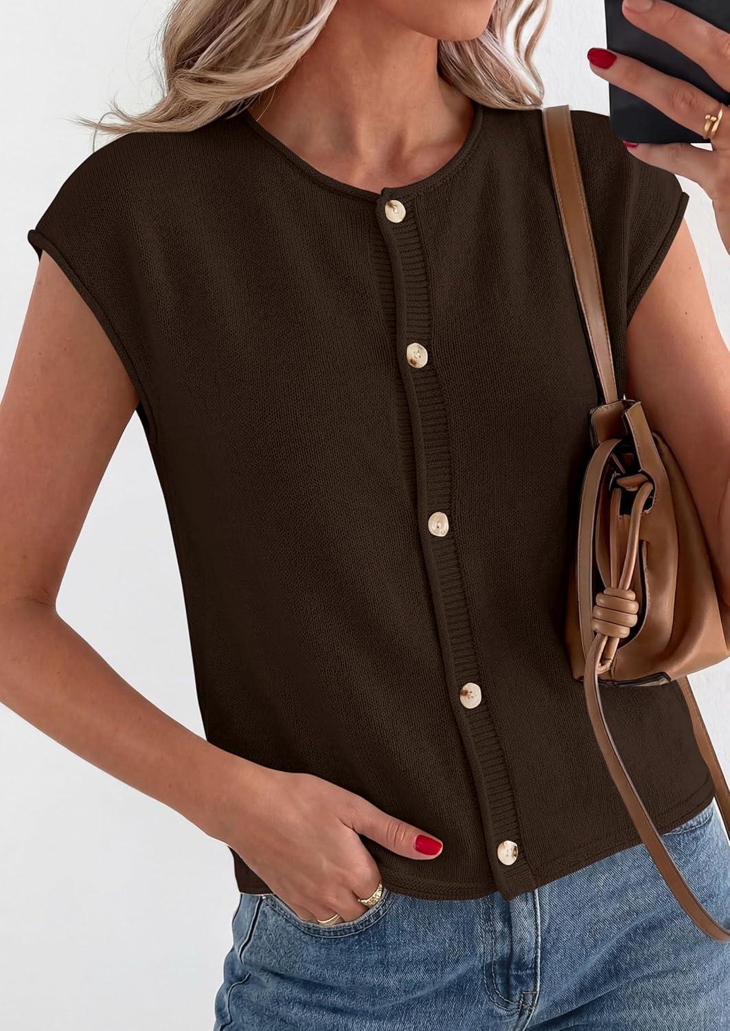 imagePRETTYGARDEN Womens Cap Short Sleeve Sweater Vest 2026 Spring Summer Lightweight Button Down Cardigans Trendy Loose TopsBrown