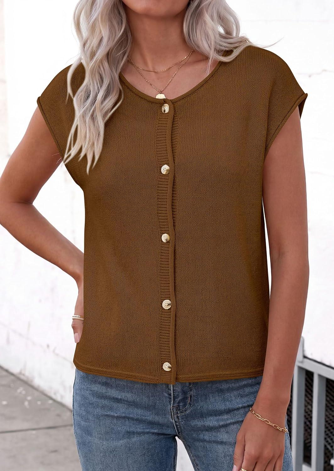 imagePRETTYGARDEN Womens Cap Short Sleeve Sweater Vest 2026 Spring Summer Lightweight Button Down Cardigans Trendy Loose TopsKhaki