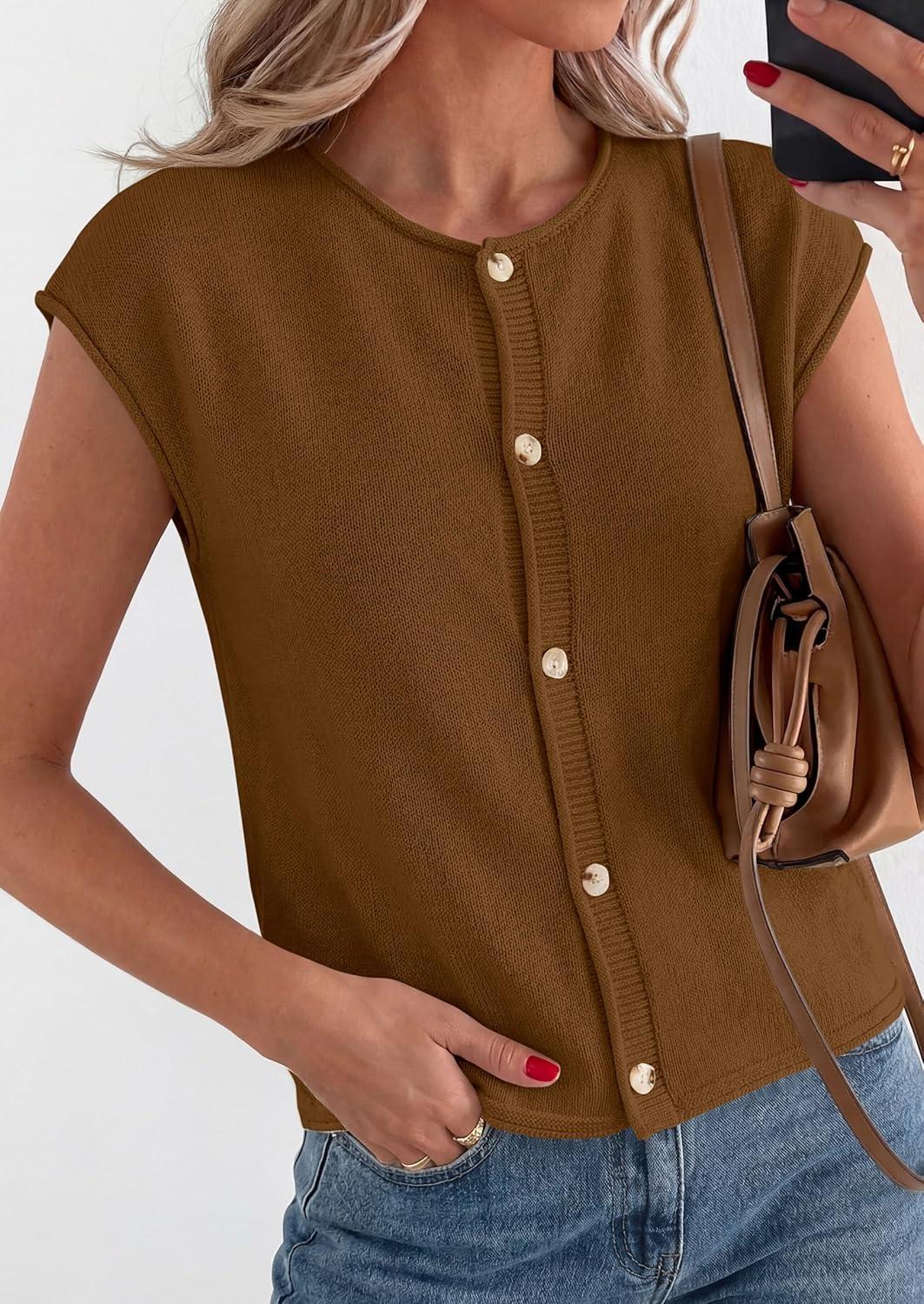 imagePRETTYGARDEN Womens Cap Short Sleeve Sweater Vest 2026 Spring Summer Lightweight Button Down Cardigans Trendy Loose TopsKhaki