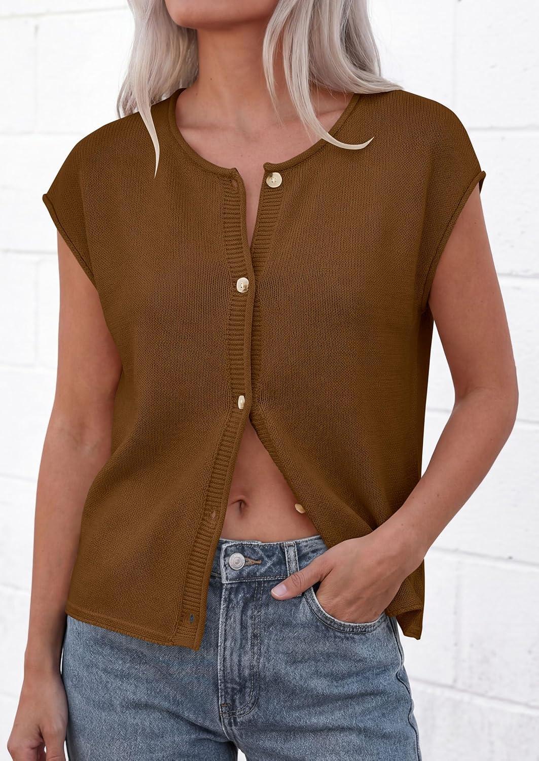 imagePRETTYGARDEN Womens Cap Short Sleeve Sweater Vest 2026 Spring Summer Lightweight Button Down Cardigans Trendy Loose TopsKhaki