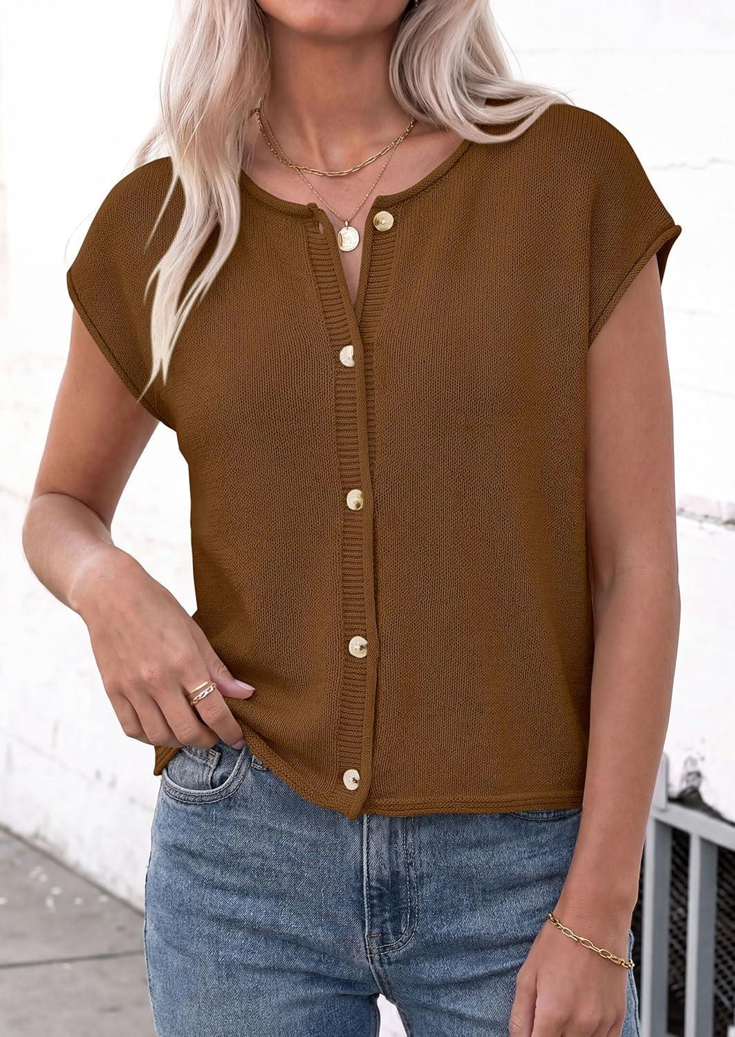 imagePRETTYGARDEN Womens Cap Short Sleeve Sweater Vest 2026 Spring Summer Lightweight Button Down Cardigans Trendy Loose TopsKhaki