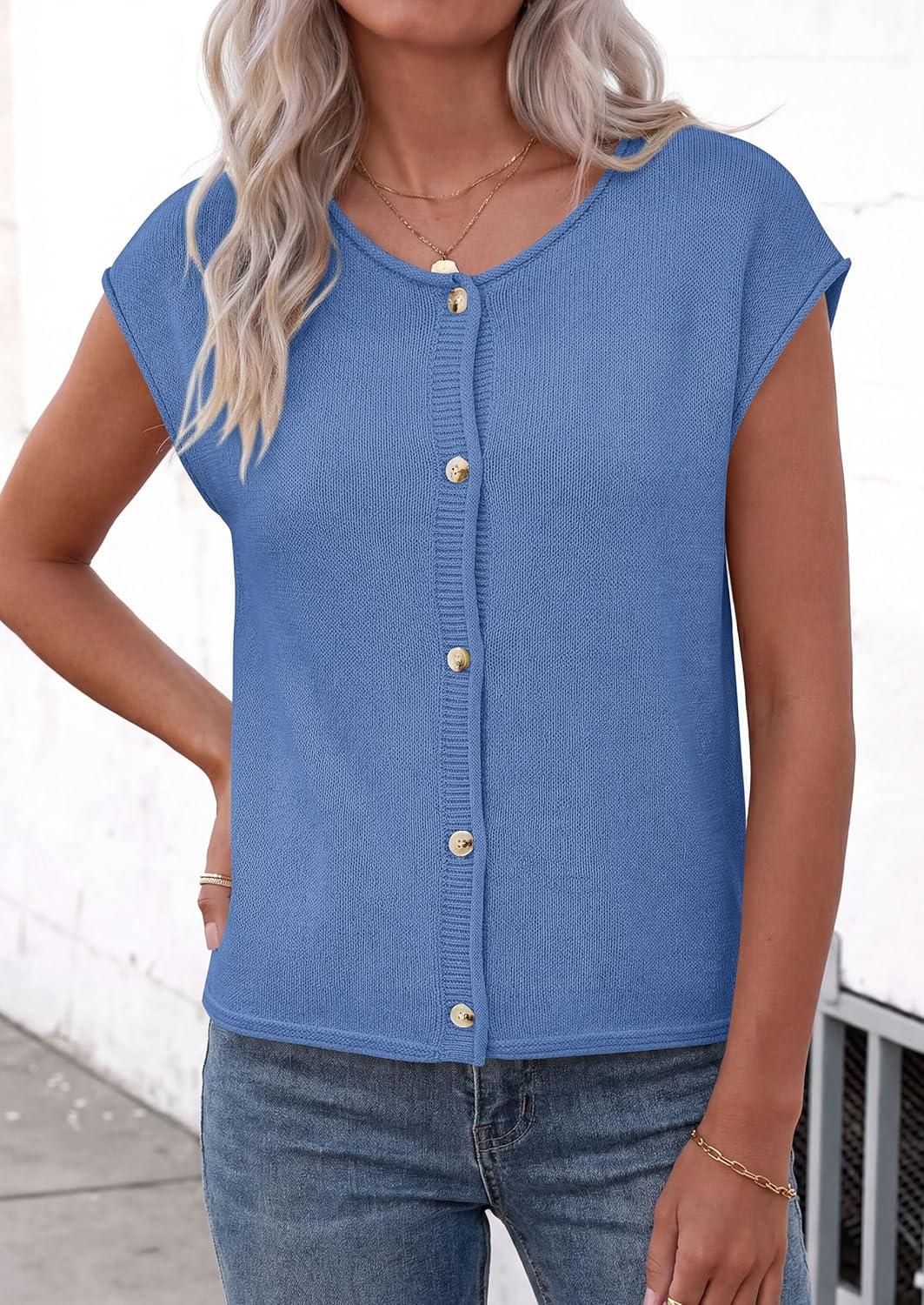 imagePRETTYGARDEN Womens Cap Short Sleeve Sweater Vest 2026 Spring Summer Lightweight Button Down Cardigans Trendy Loose TopsLight Blue