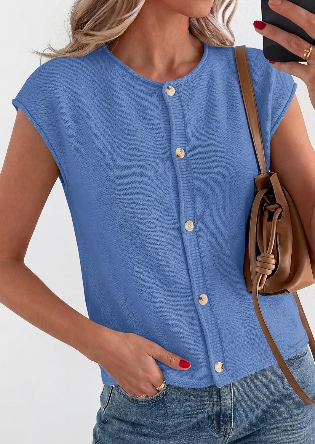 imagePRETTYGARDEN Womens Cap Short Sleeve Sweater Vest 2026 Spring Summer Lightweight Button Down Cardigans Trendy Loose TopsLight Blue