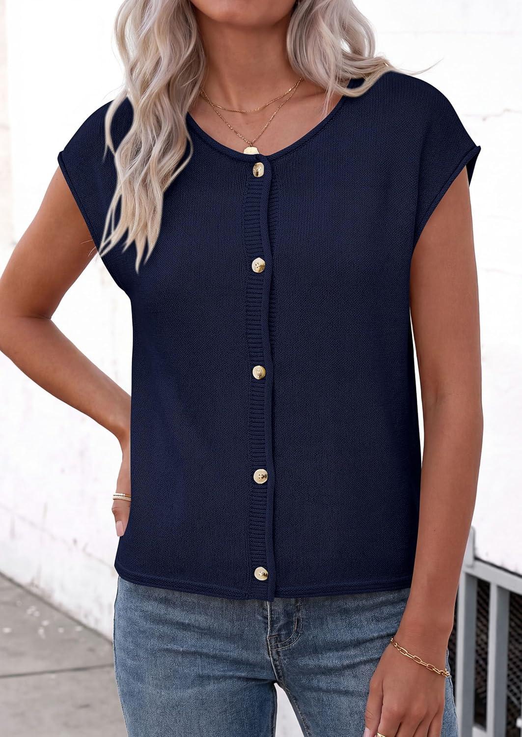 imagePRETTYGARDEN Womens Cap Short Sleeve Sweater Vest 2026 Spring Summer Lightweight Button Down Cardigans Trendy Loose TopsNavy Blue