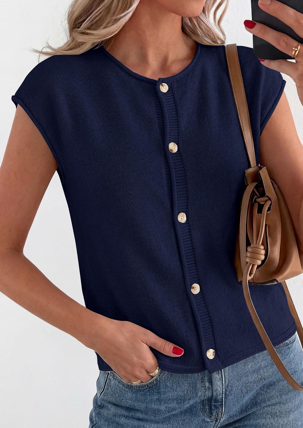 imagePRETTYGARDEN Womens Cap Short Sleeve Sweater Vest 2026 Spring Summer Lightweight Button Down Cardigans Trendy Loose TopsNavy Blue