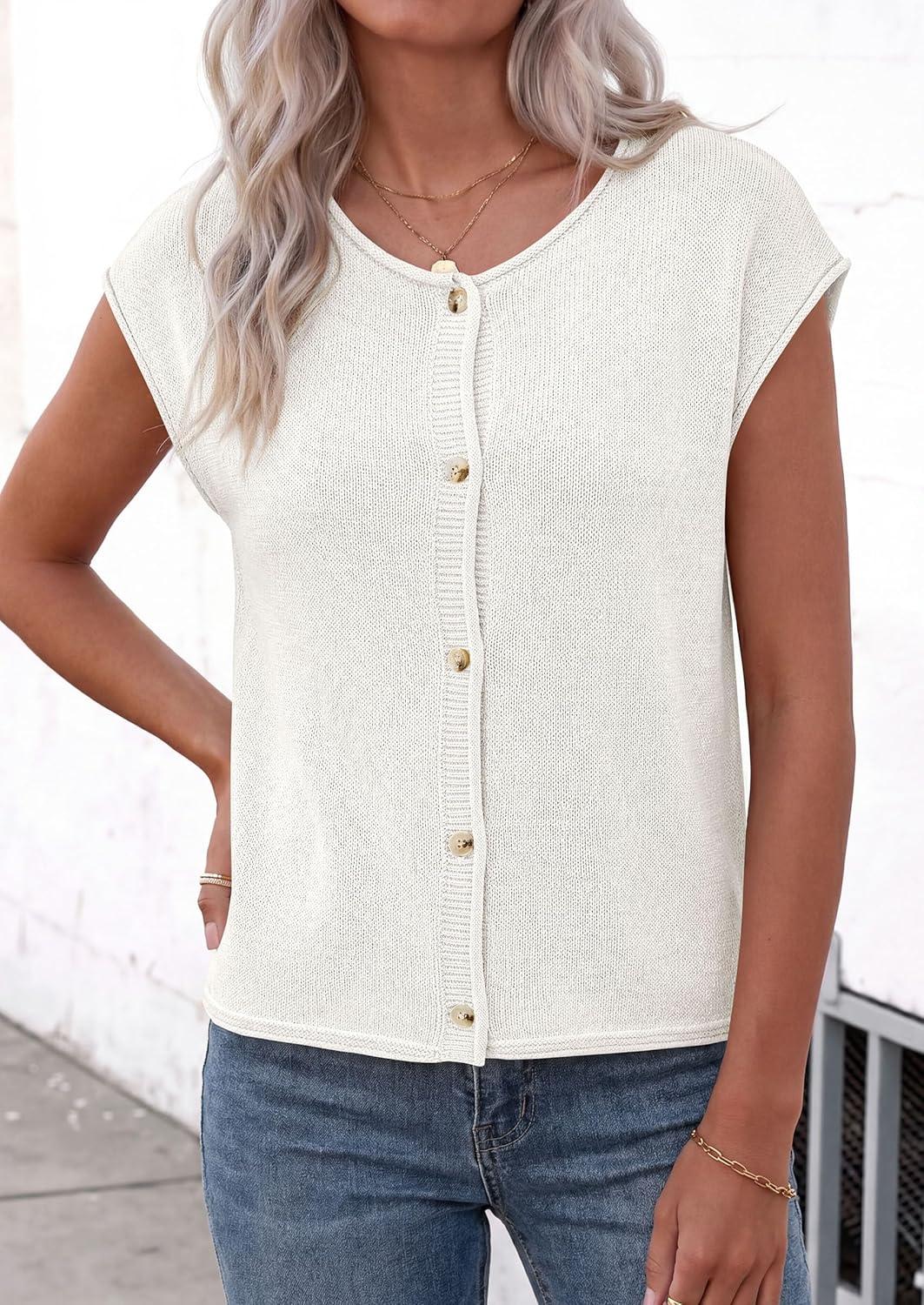 imagePRETTYGARDEN Womens Cap Short Sleeve Sweater Vest 2026 Spring Summer Lightweight Button Down Cardigans Trendy Loose TopsWhite