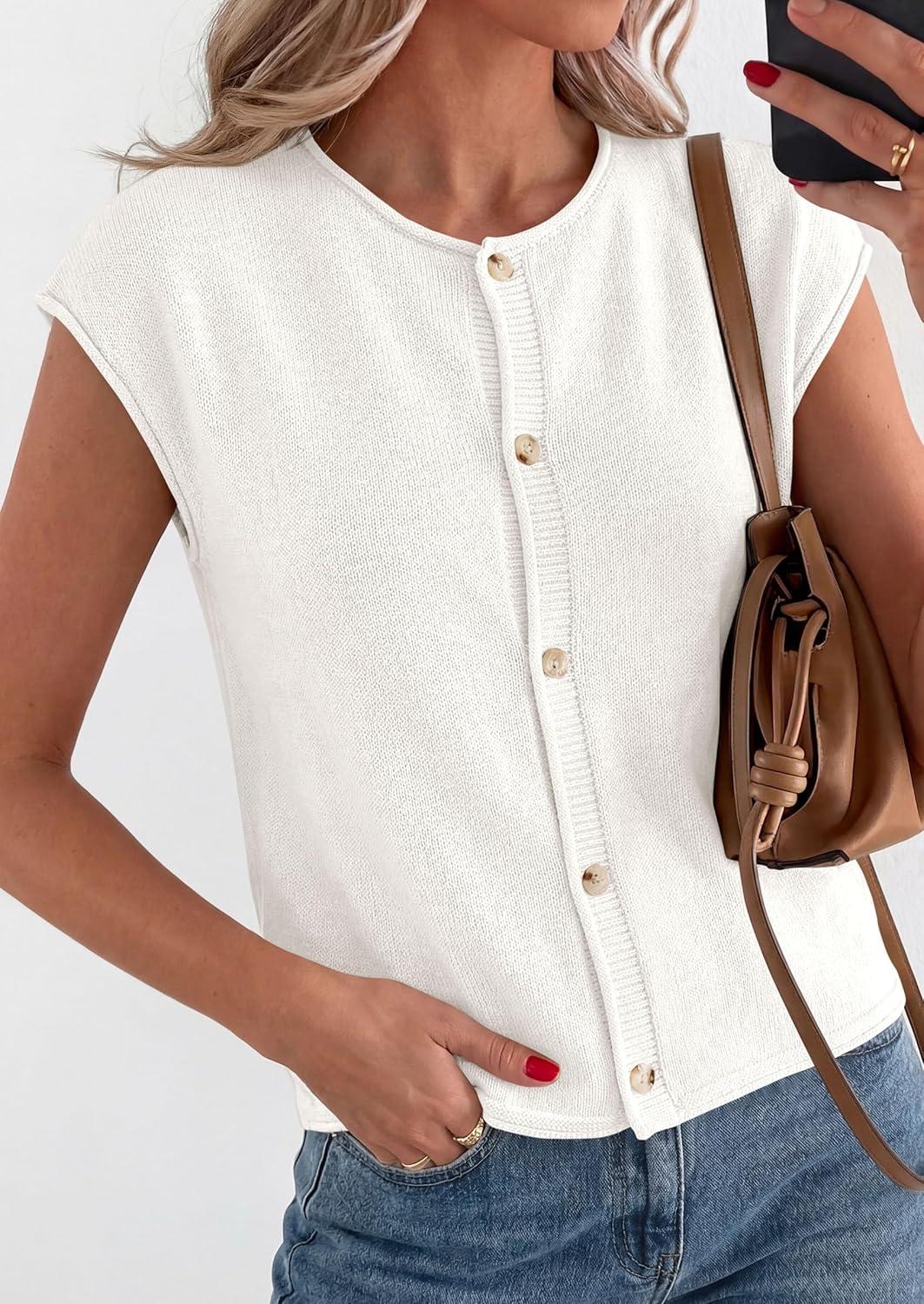 imagePRETTYGARDEN Womens Cap Short Sleeve Sweater Vest 2026 Spring Summer Lightweight Button Down Cardigans Trendy Loose TopsWhite