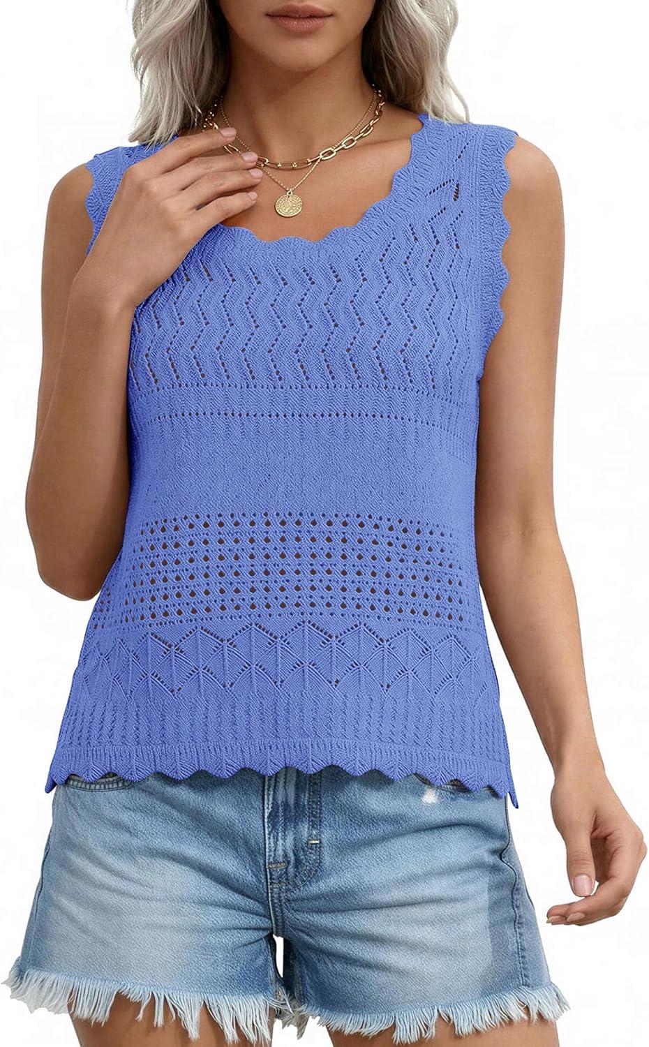 imagePRETTYGARDEN Womens Crochet Tank Tops 2026 Summer Spring Boho Sleeveless Cute Knit Sweater Vest Trendy Beach Vacation ClothesBlue