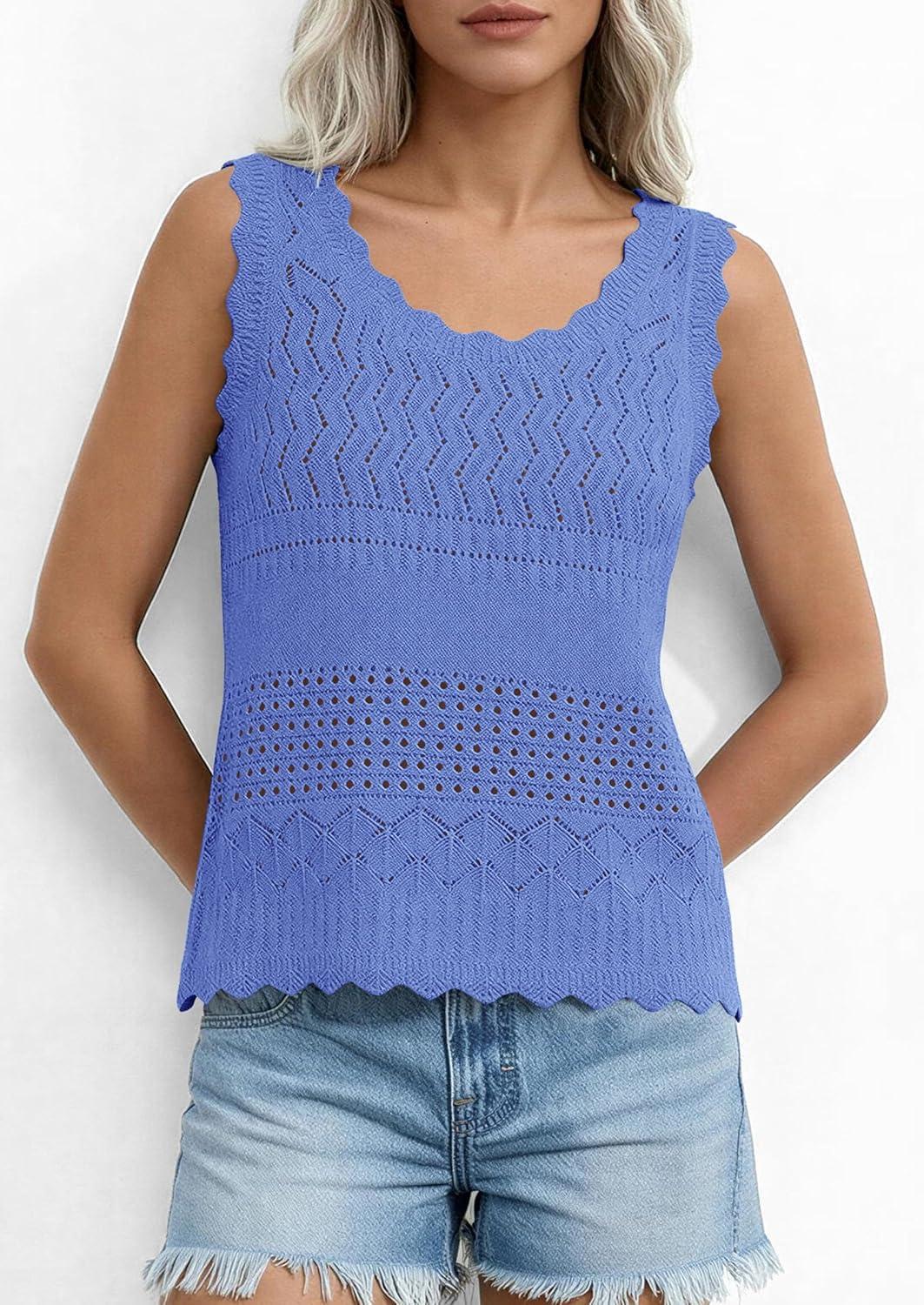 imagePRETTYGARDEN Womens Crochet Tank Tops 2026 Summer Spring Boho Sleeveless Cute Knit Sweater Vest Trendy Beach Vacation ClothesBlue