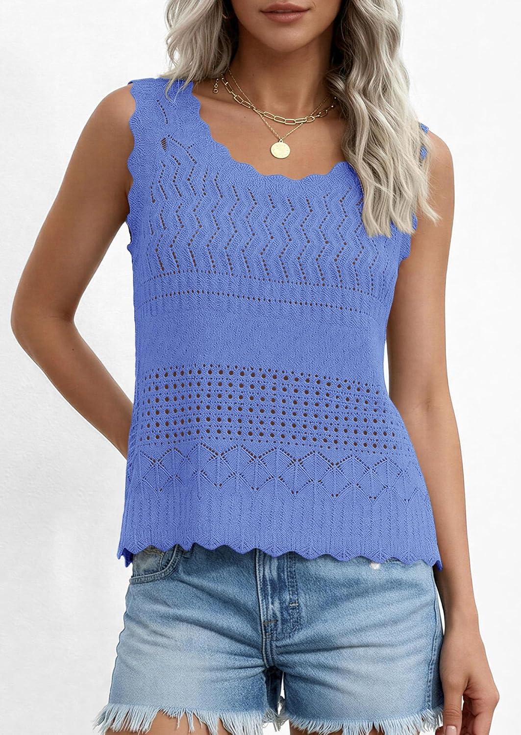 imagePRETTYGARDEN Womens Crochet Tank Tops 2026 Summer Spring Boho Sleeveless Cute Knit Sweater Vest Trendy Beach Vacation ClothesBlue