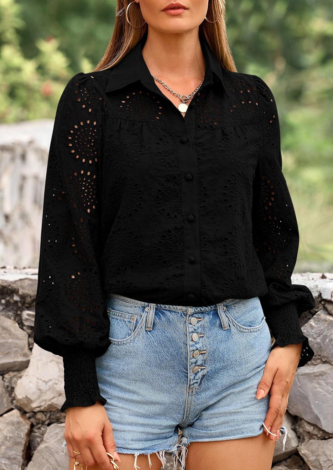 imagePRETTYGARDEN Womens Fall Button Down Shirts Dressy Casual Spring Long Puff Sleeve Eyelet Loose Fit Collared Blouse TopBlack