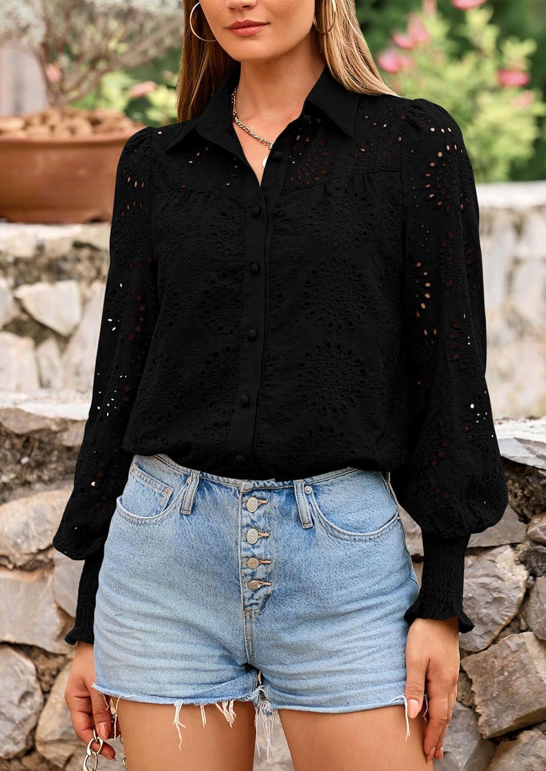 imagePRETTYGARDEN Womens Fall Button Down Shirts Dressy Casual Spring Long Puff Sleeve Eyelet Loose Fit Collared Blouse TopBlack