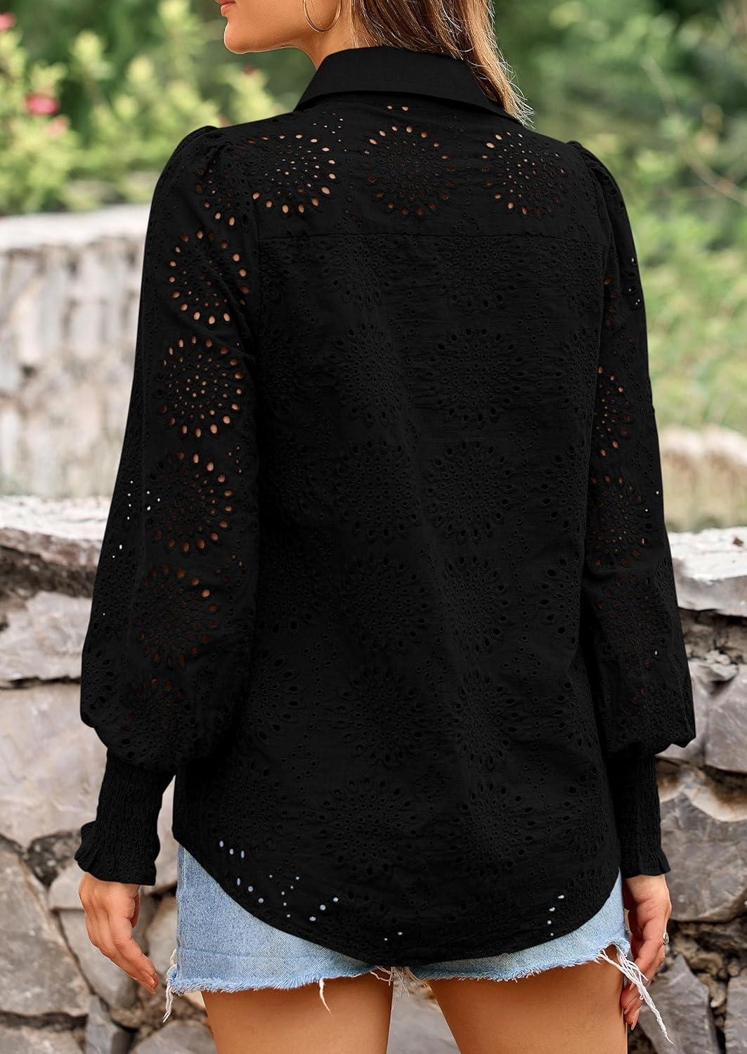 imagePRETTYGARDEN Womens Fall Button Down Shirts Dressy Casual Spring Long Puff Sleeve Eyelet Loose Fit Collared Blouse TopBlack