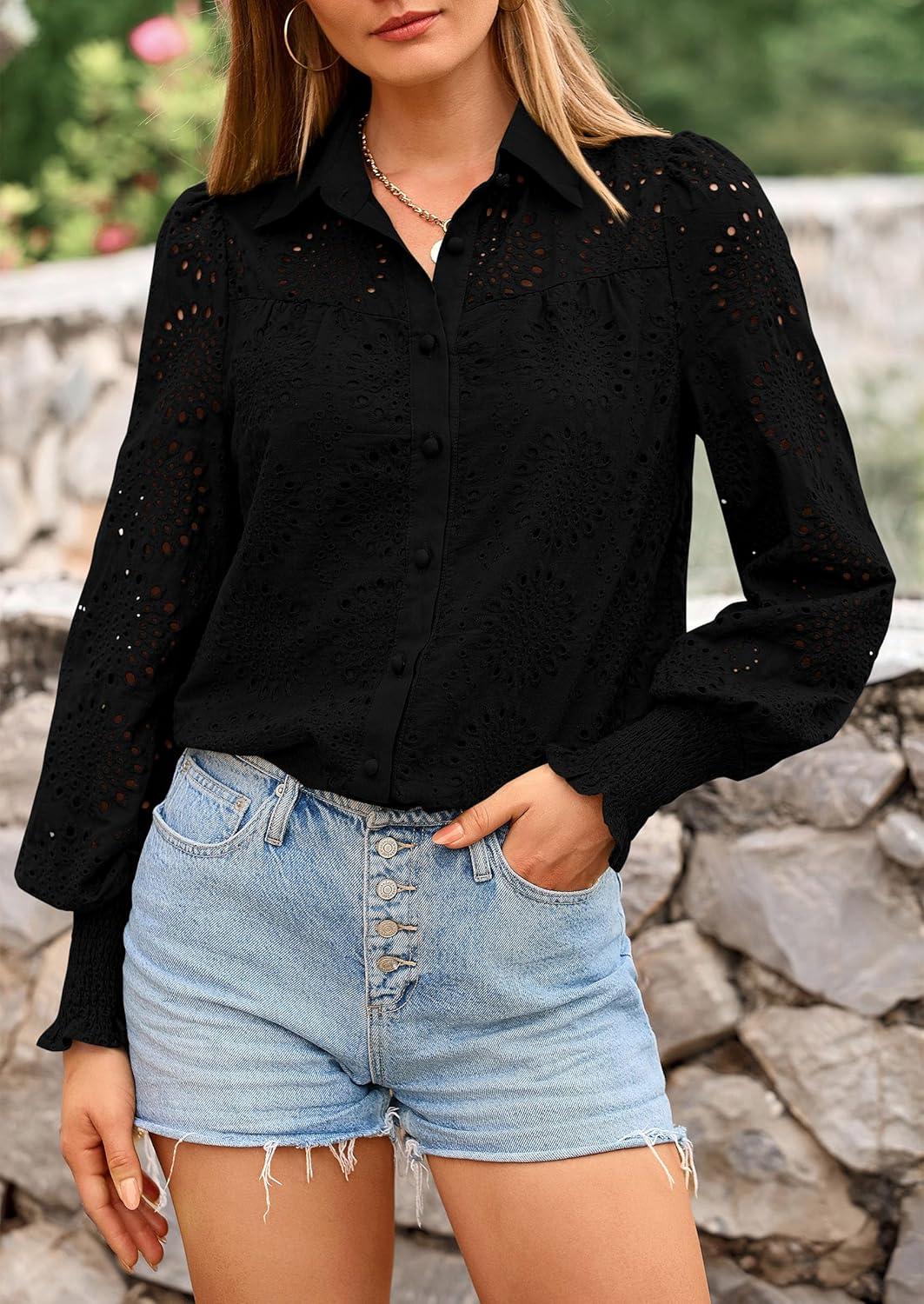 imagePRETTYGARDEN Womens Fall Button Down Shirts Dressy Casual Spring Long Puff Sleeve Eyelet Loose Fit Collared Blouse TopBlack