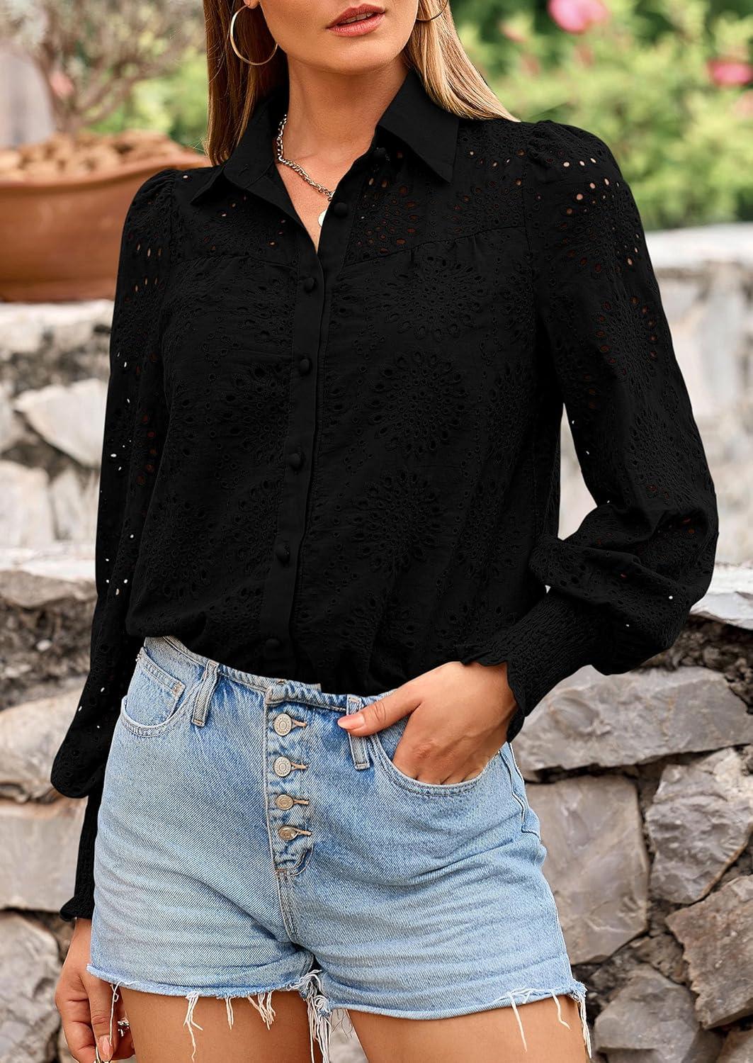 imagePRETTYGARDEN Womens Fall Button Down Shirts Dressy Casual Spring Long Puff Sleeve Eyelet Loose Fit Collared Blouse TopBlack