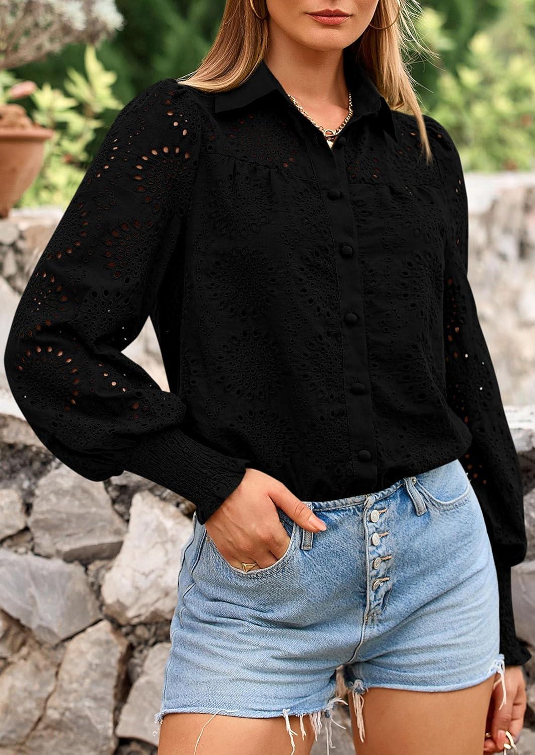 imagePRETTYGARDEN Womens Fall Button Down Shirts Dressy Casual Spring Long Puff Sleeve Eyelet Loose Fit Collared Blouse TopBlack
