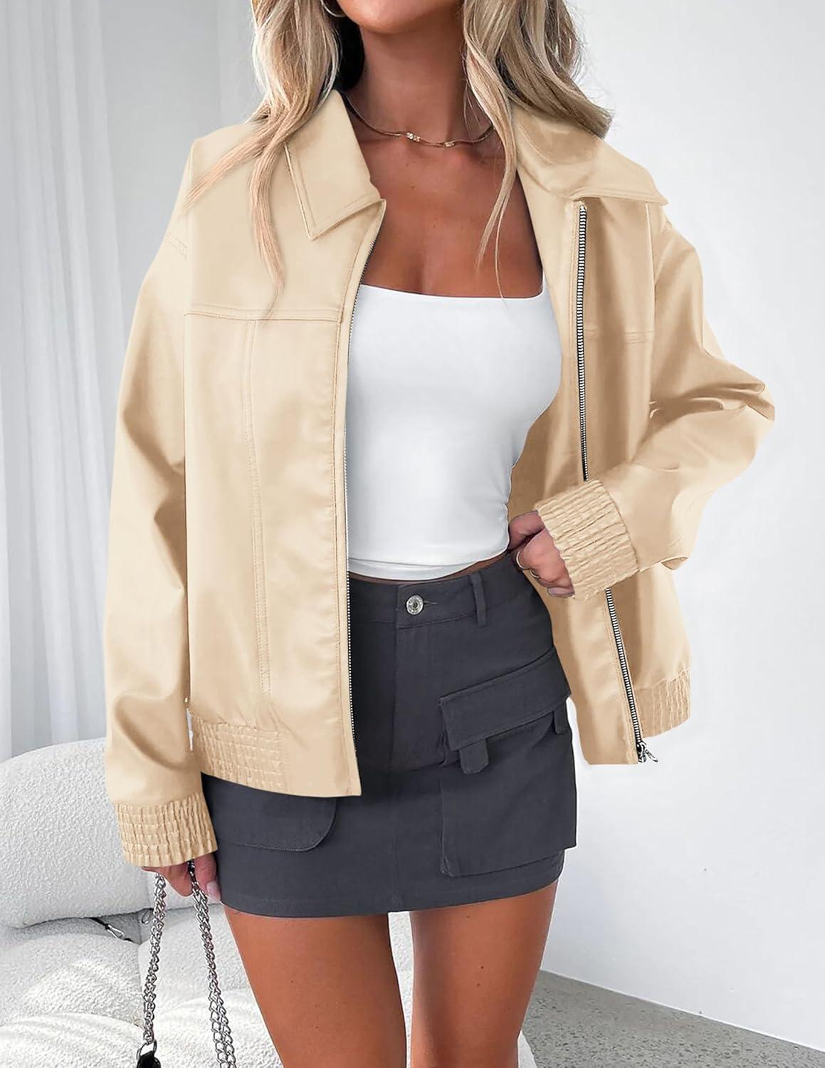 imagePRETTYGARDEN Womens Faux Leather Jackets 2025 Fall Long Sleeve Bomber Jacket Zip Up Motorcycle Coats Winter ClothesBeige White