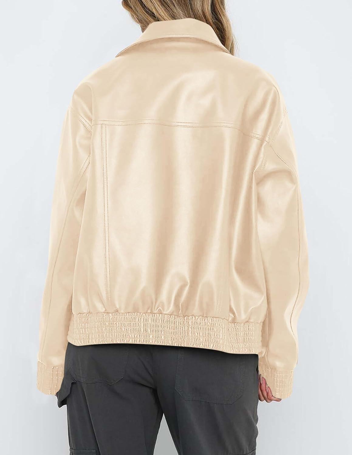 imagePRETTYGARDEN Womens Faux Leather Jackets 2025 Fall Long Sleeve Bomber Jacket Zip Up Motorcycle Coats Winter ClothesBeige White