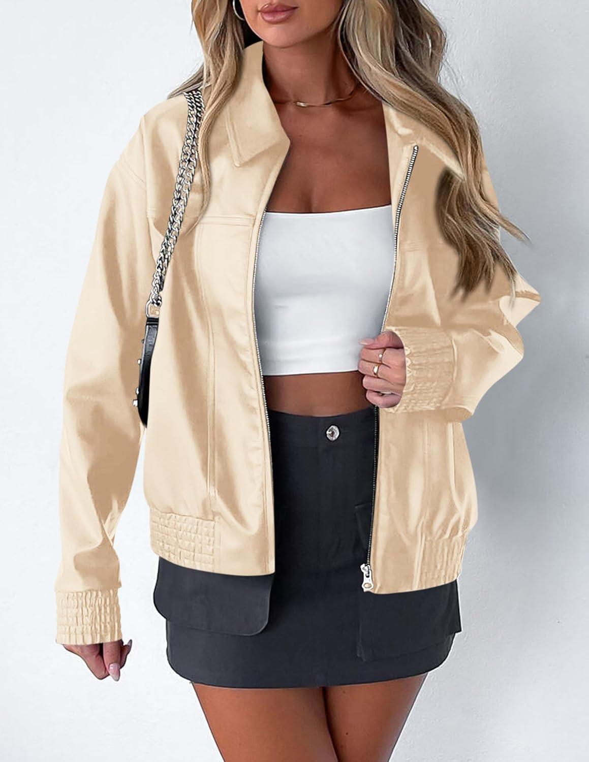imagePRETTYGARDEN Womens Faux Leather Jackets 2025 Fall Long Sleeve Bomber Jacket Zip Up Motorcycle Coats Winter ClothesBeige White