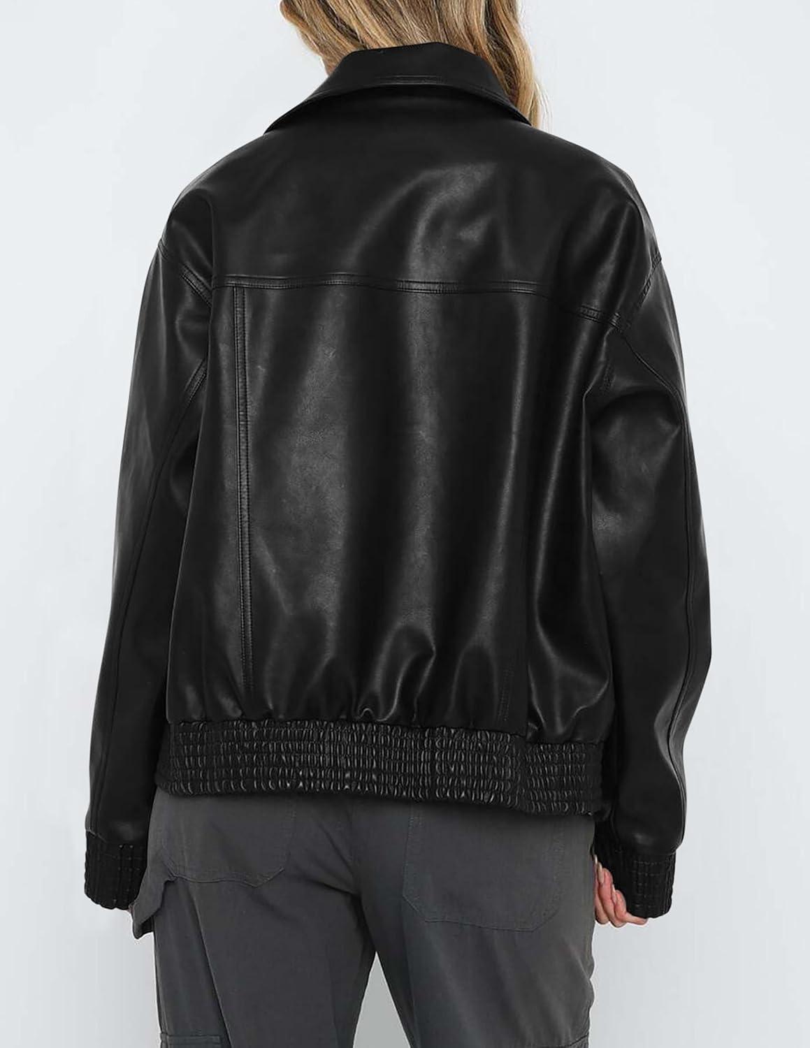 imagePRETTYGARDEN Womens Faux Leather Jackets 2025 Fall Long Sleeve Bomber Jacket Zip Up Motorcycle Coats Winter ClothesBlack