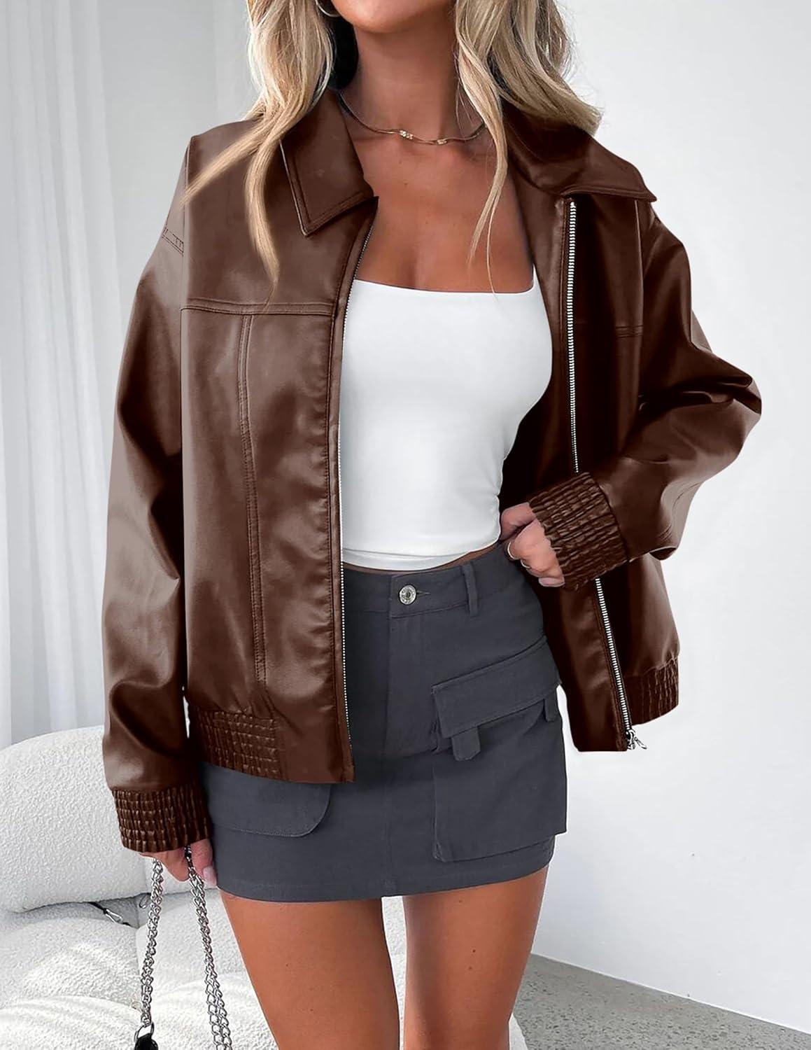 imagePRETTYGARDEN Womens Faux Leather Jackets 2025 Fall Long Sleeve Bomber Jacket Zip Up Motorcycle Coats Winter ClothesCoffee