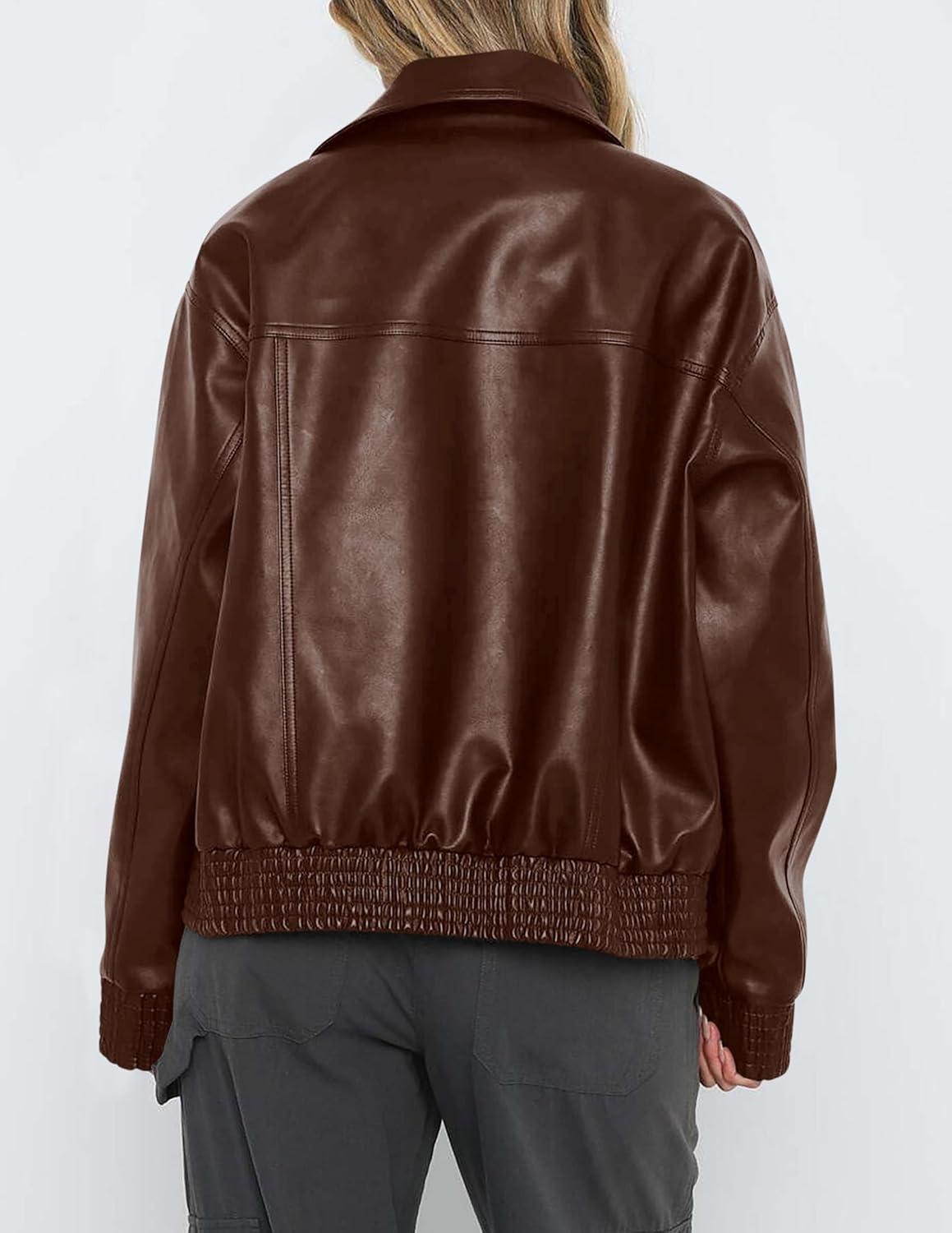 imagePRETTYGARDEN Womens Faux Leather Jackets 2025 Fall Long Sleeve Bomber Jacket Zip Up Motorcycle Coats Winter ClothesCoffee