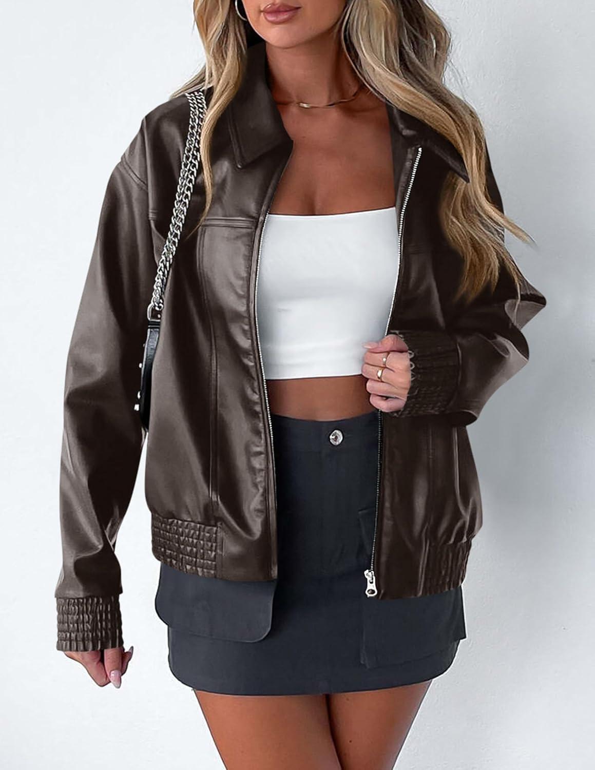imagePRETTYGARDEN Womens Faux Leather Jackets 2025 Fall Long Sleeve Bomber Jacket Zip Up Motorcycle Coats Winter ClothesDark Grey