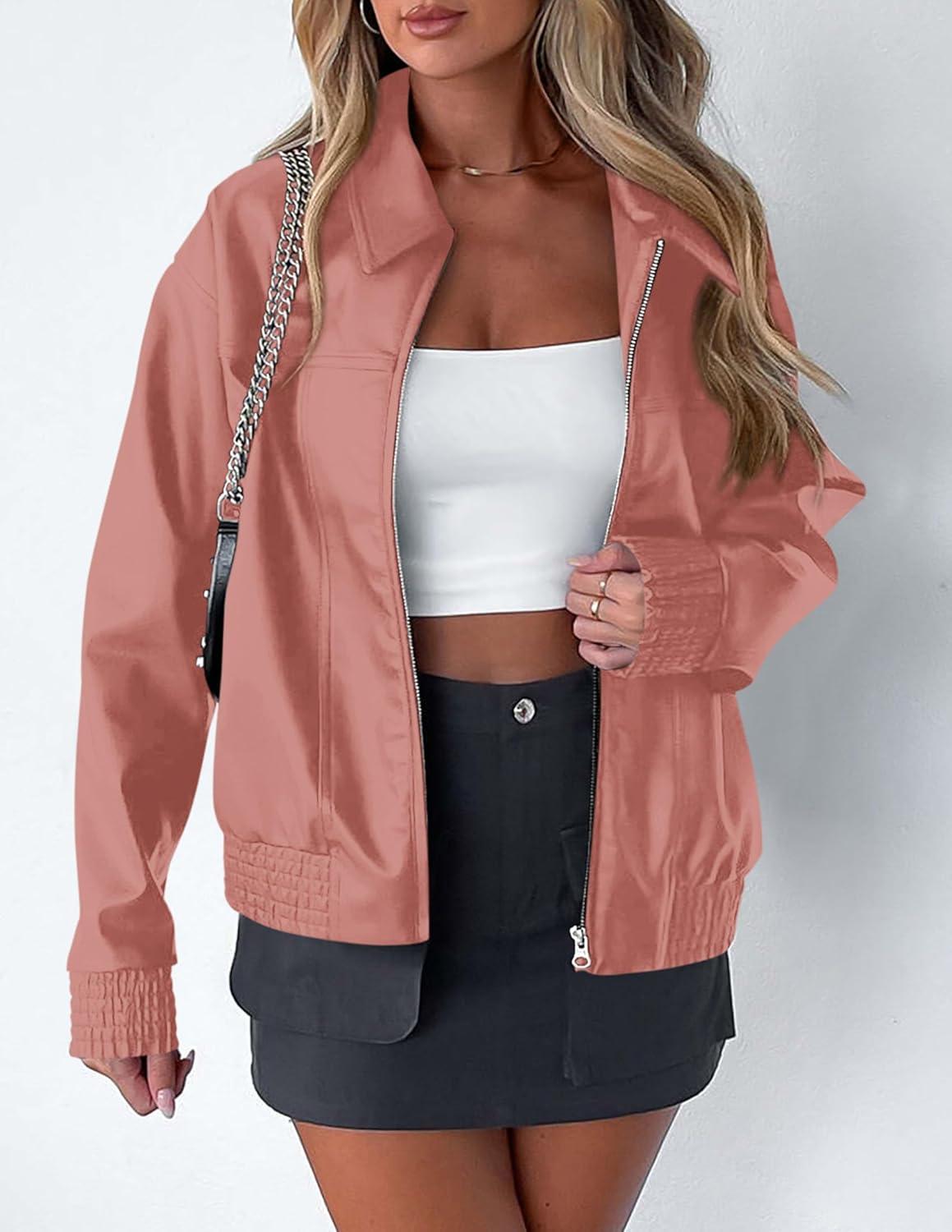 imagePRETTYGARDEN Womens Faux Leather Jackets 2025 Fall Long Sleeve Bomber Jacket Zip Up Motorcycle Coats Winter ClothesDark Pink