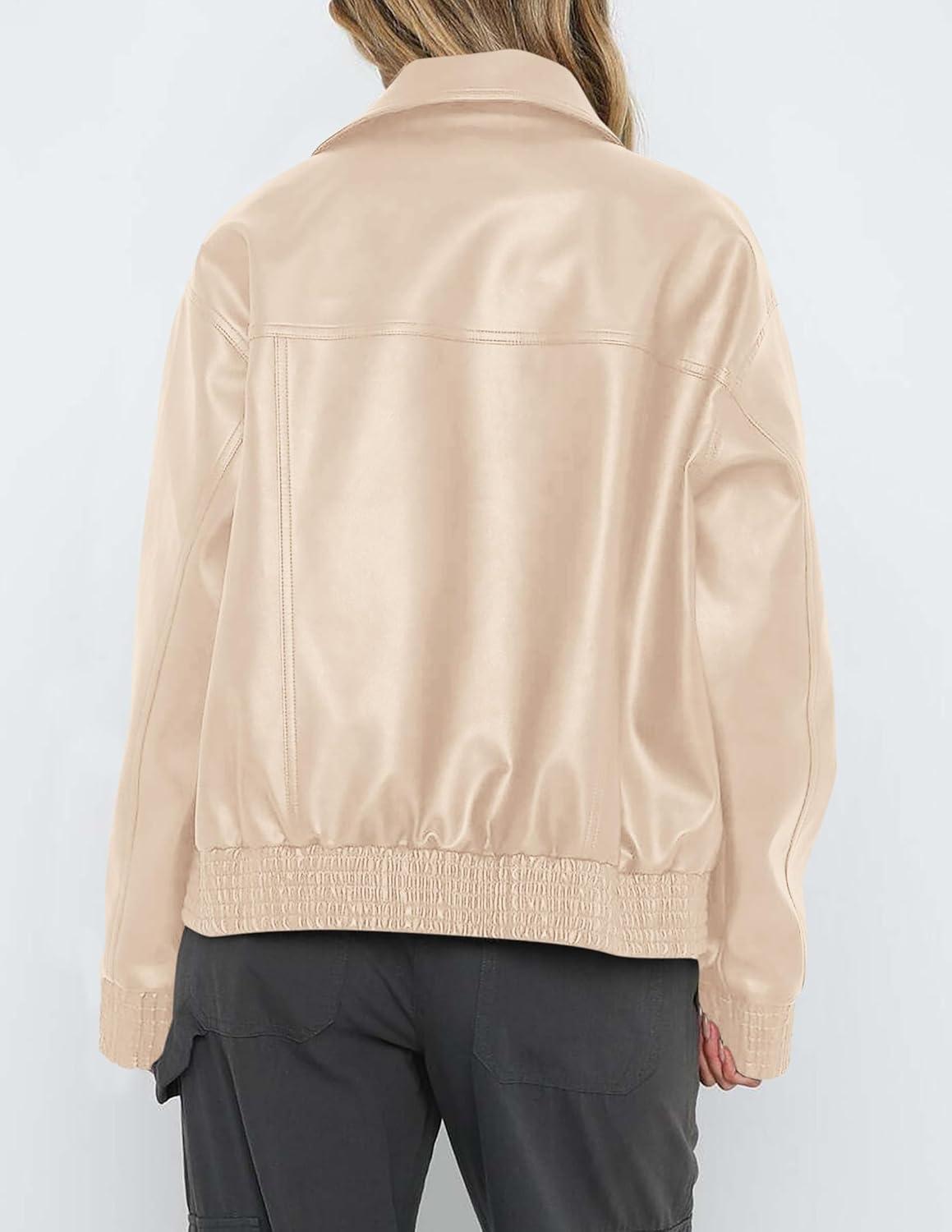 imagePRETTYGARDEN Womens Faux Leather Jackets 2025 Fall Long Sleeve Bomber Jacket Zip Up Motorcycle Coats Winter ClothesLight Khaki