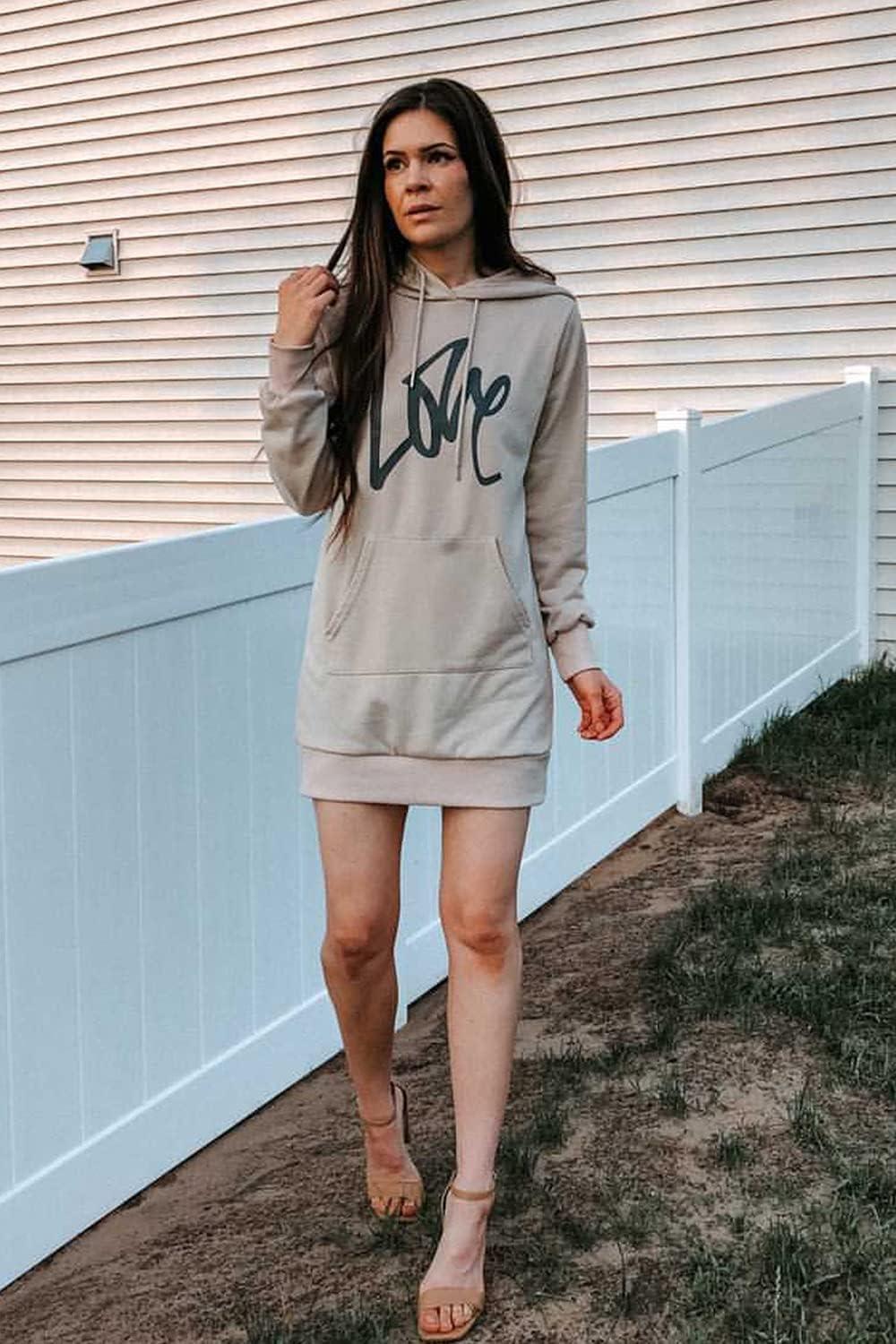 imagePRETTYGARDEN Womens Hooded Sweatshirt Fall Fashion Drawstring Lightweight Long Sleeve Pullover Hoodie DressApricot