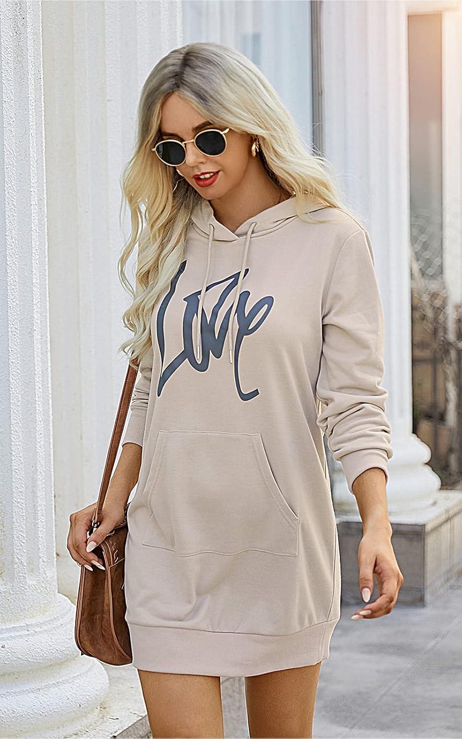 imagePRETTYGARDEN Womens Hooded Sweatshirt Fall Fashion Drawstring Lightweight Long Sleeve Pullover Hoodie DressApricot