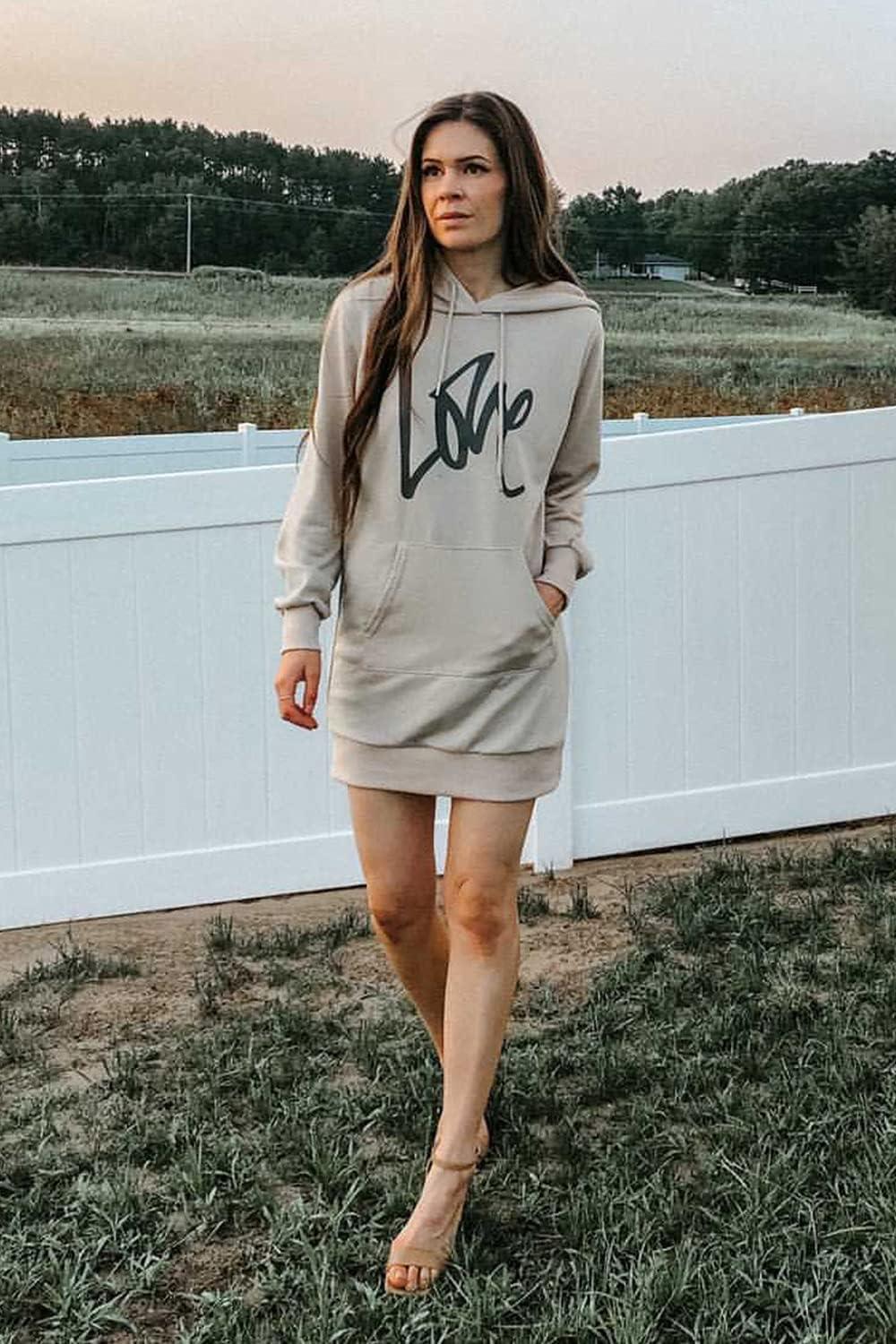 imagePRETTYGARDEN Womens Hooded Sweatshirt Fall Fashion Drawstring Lightweight Long Sleeve Pullover Hoodie DressApricot