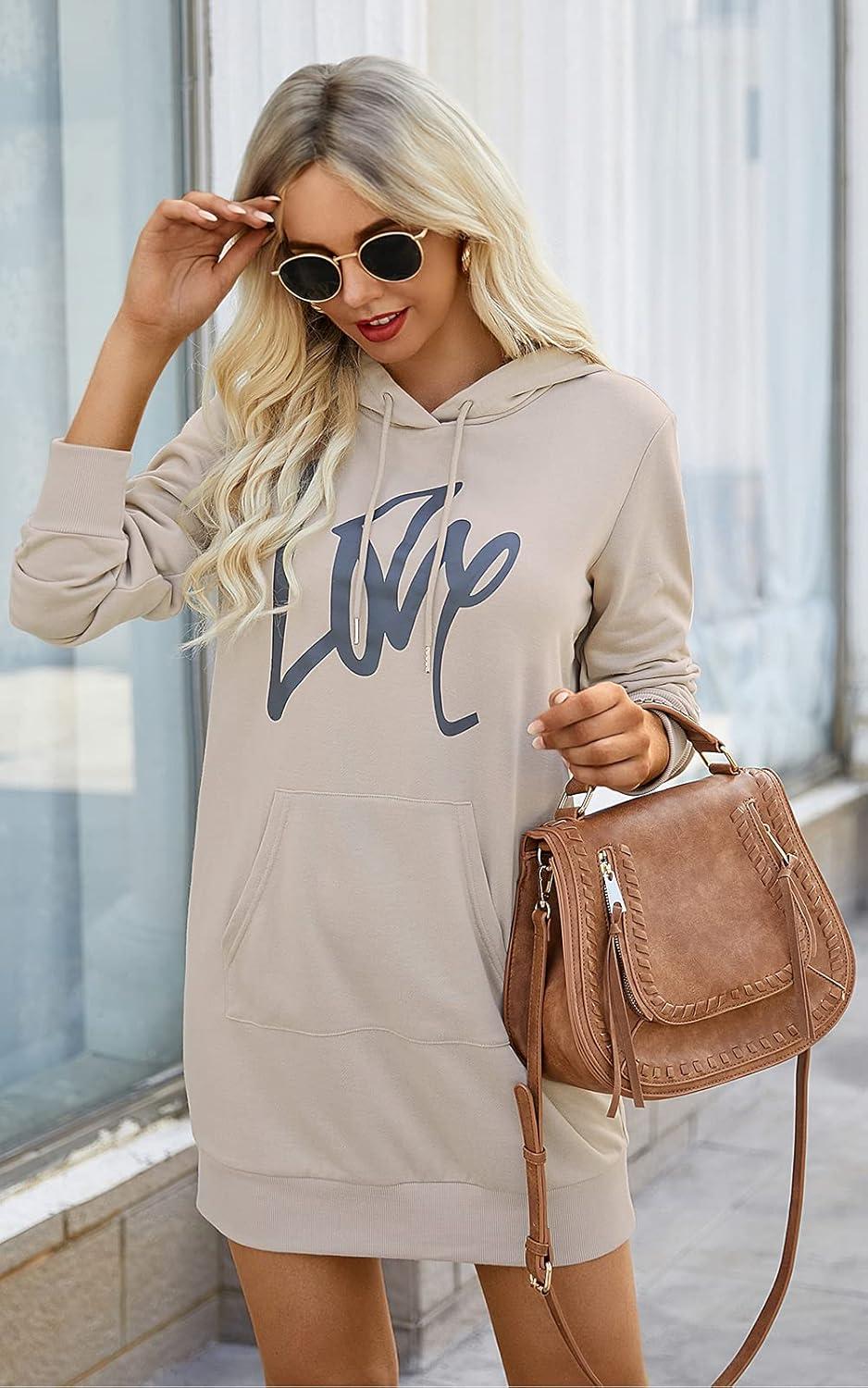 imagePRETTYGARDEN Womens Hooded Sweatshirt Fall Fashion Drawstring Lightweight Long Sleeve Pullover Hoodie DressApricot