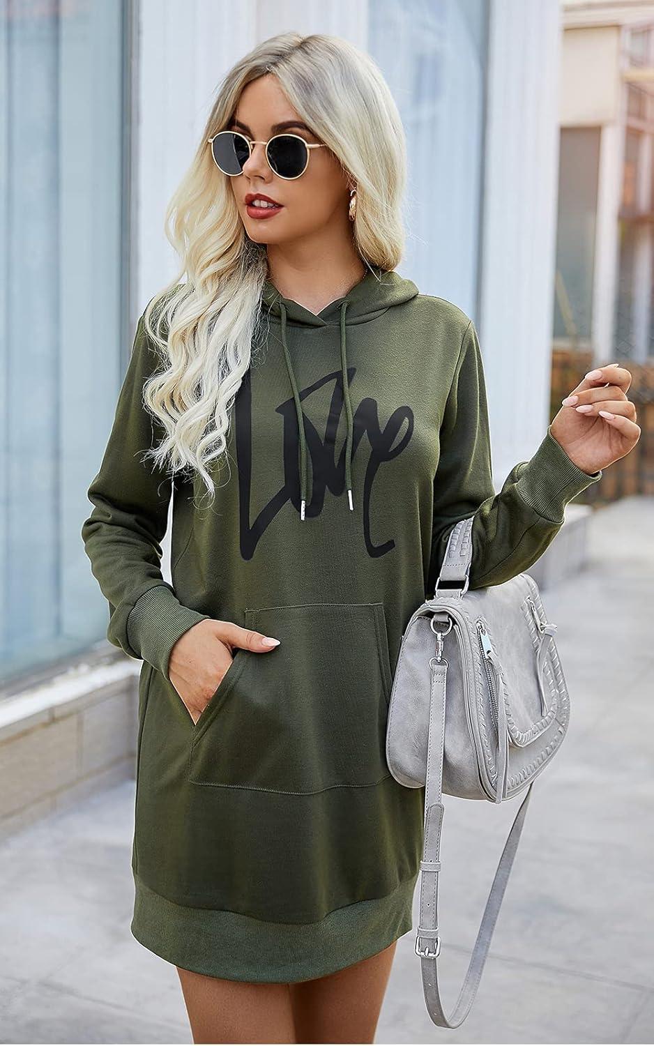 imagePRETTYGARDEN Womens Hooded Sweatshirt Fall Fashion Drawstring Lightweight Long Sleeve Pullover Hoodie DressArmy Green