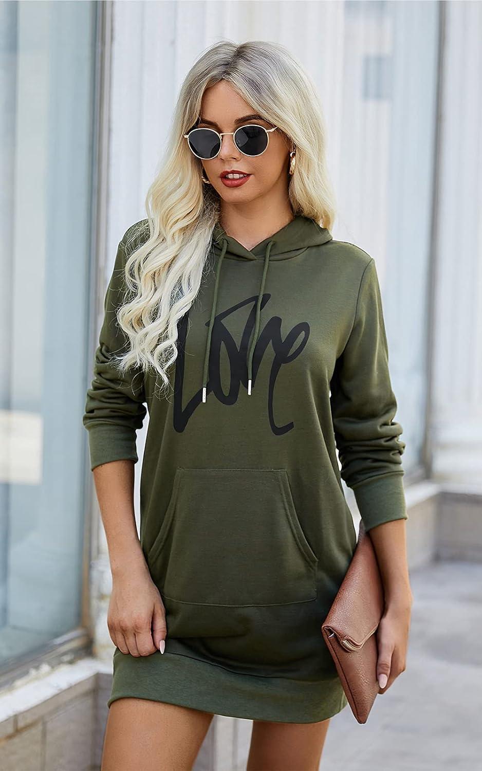 imagePRETTYGARDEN Womens Hooded Sweatshirt Fall Fashion Drawstring Lightweight Long Sleeve Pullover Hoodie DressArmy Green