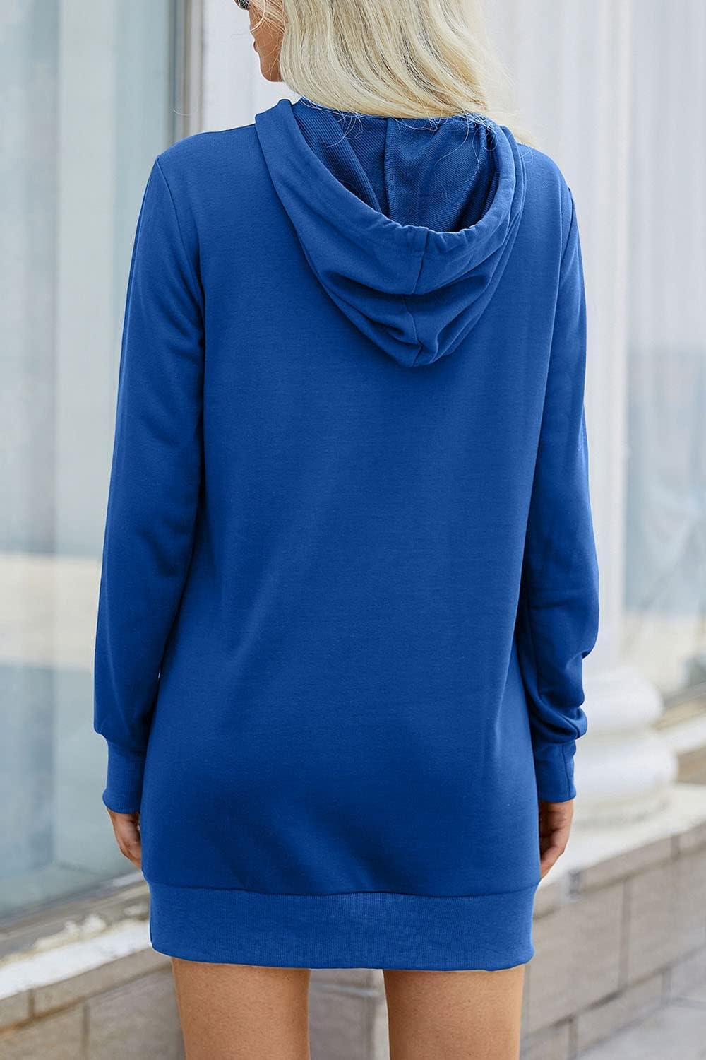imagePRETTYGARDEN Womens Hooded Sweatshirt Fall Fashion Drawstring Lightweight Long Sleeve Pullover Hoodie DressBlue