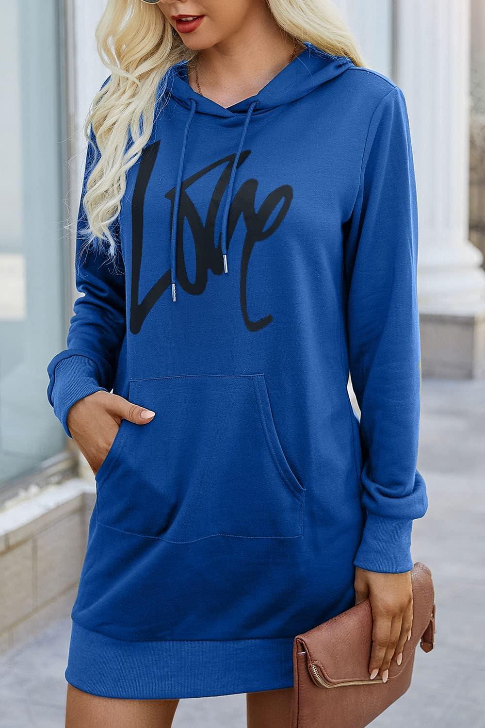 imagePRETTYGARDEN Womens Hooded Sweatshirt Fall Fashion Drawstring Lightweight Long Sleeve Pullover Hoodie DressBlue