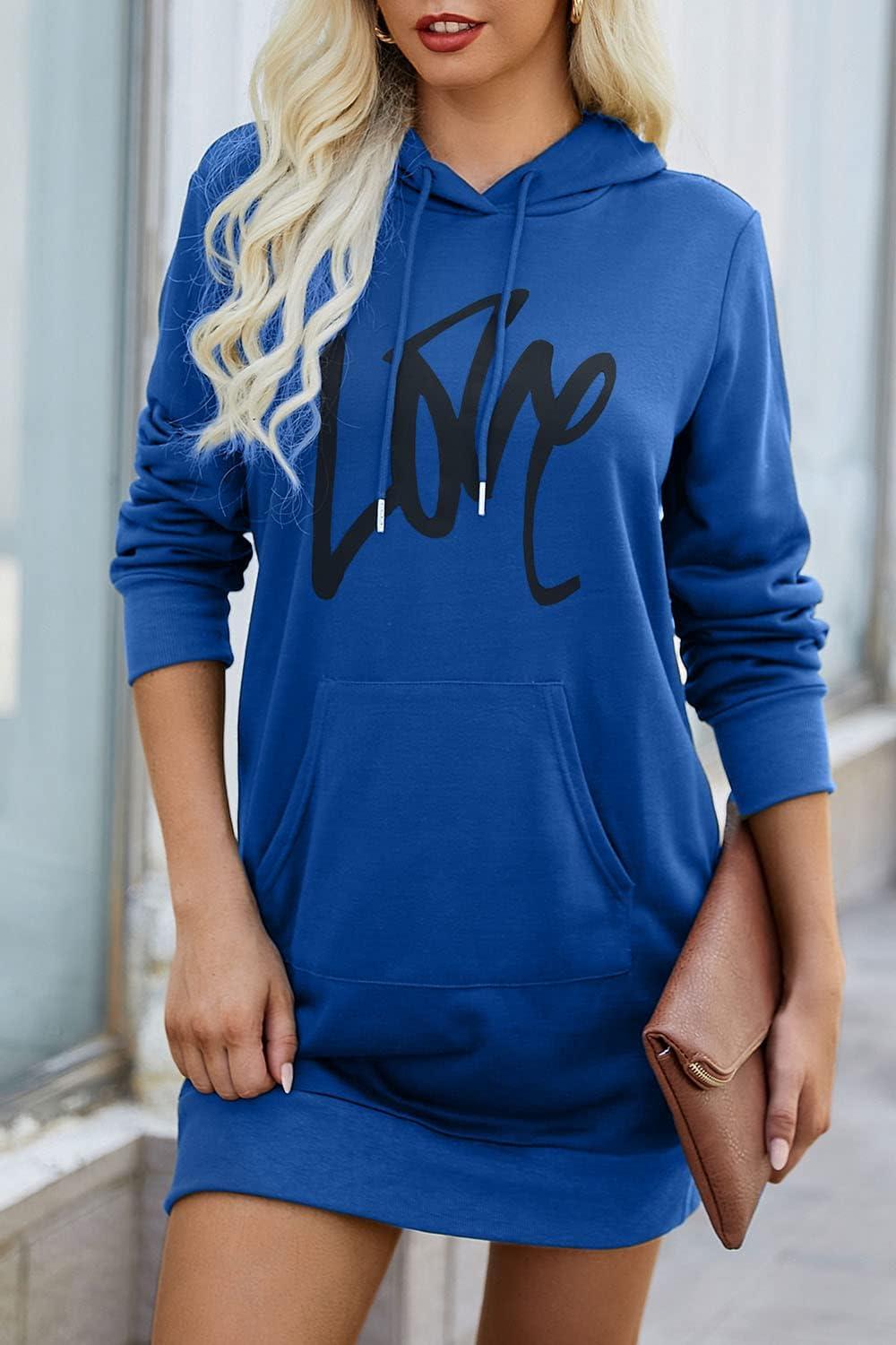 imagePRETTYGARDEN Womens Hooded Sweatshirt Fall Fashion Drawstring Lightweight Long Sleeve Pullover Hoodie DressBlue