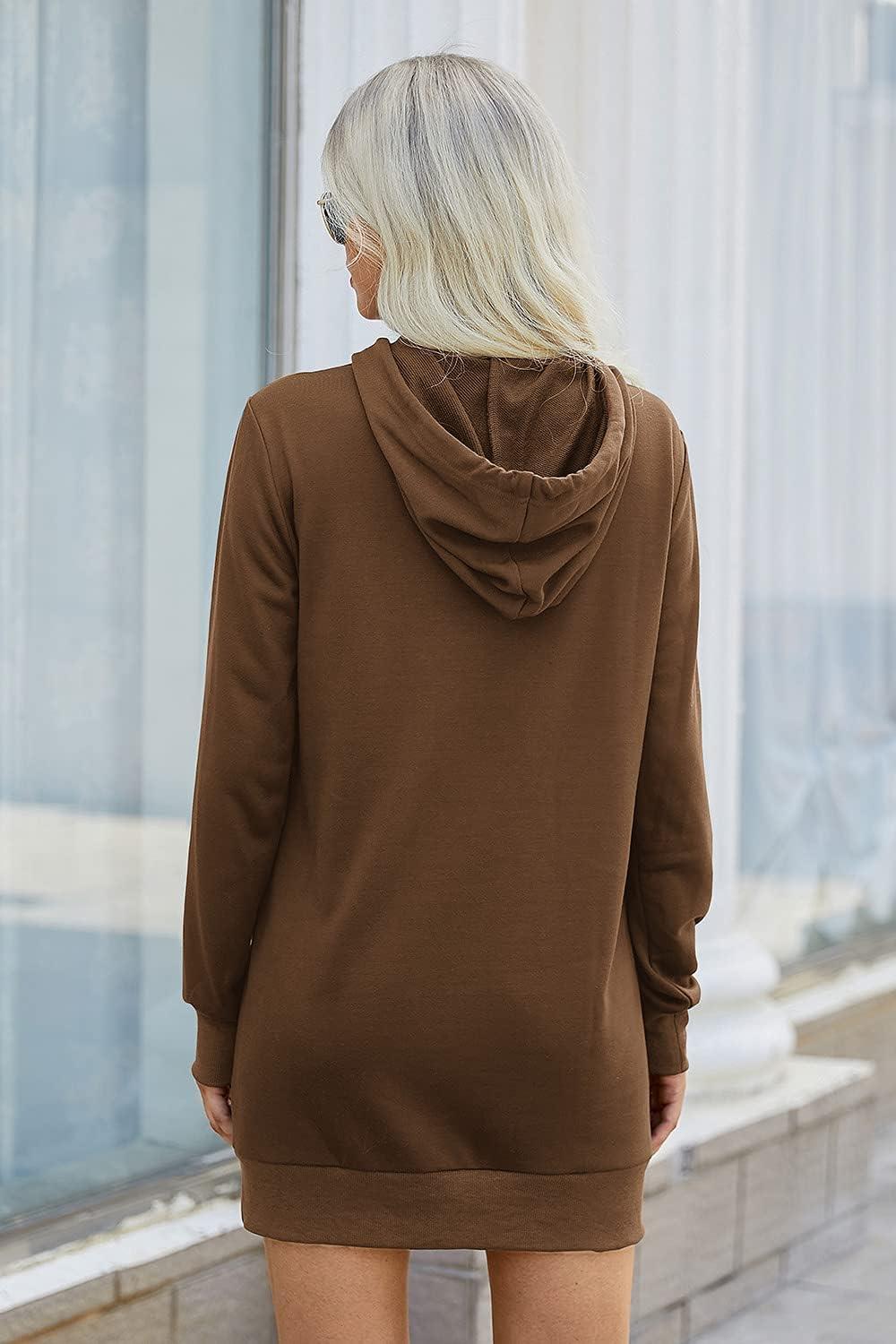 imagePRETTYGARDEN Womens Hooded Sweatshirt Fall Fashion Drawstring Lightweight Long Sleeve Pullover Hoodie DressBrown