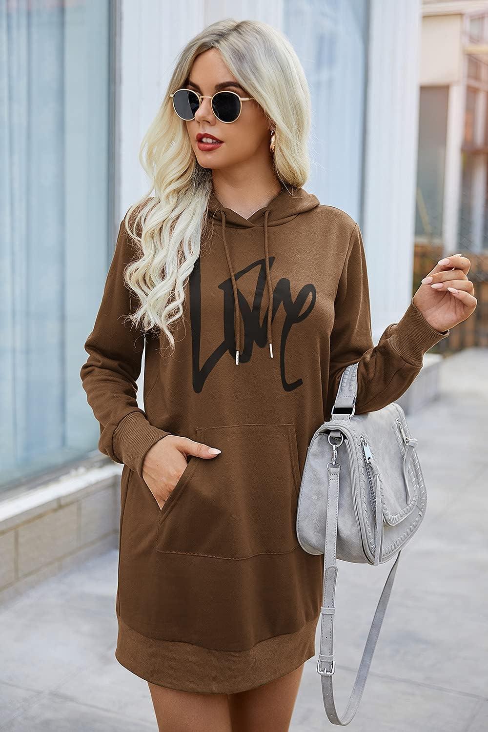 imagePRETTYGARDEN Womens Hooded Sweatshirt Fall Fashion Drawstring Lightweight Long Sleeve Pullover Hoodie DressBrown