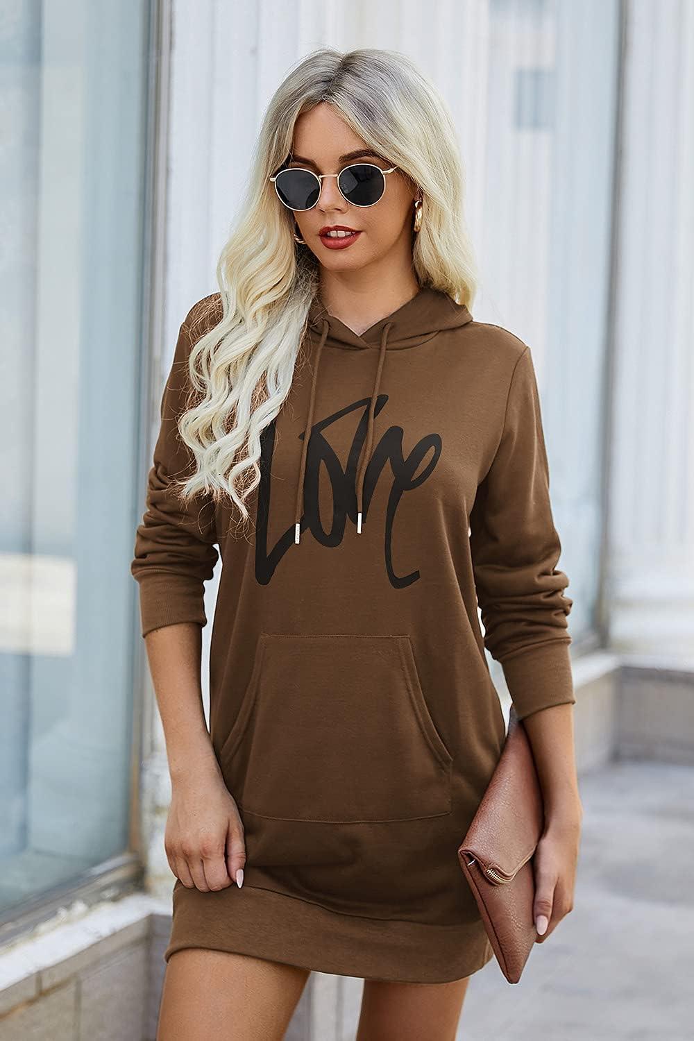 imagePRETTYGARDEN Womens Hooded Sweatshirt Fall Fashion Drawstring Lightweight Long Sleeve Pullover Hoodie DressBrown