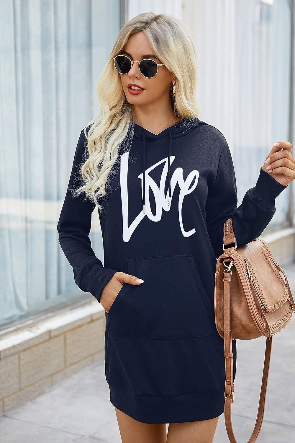 imagePRETTYGARDEN Womens Hooded Sweatshirt Fall Fashion Drawstring Lightweight Long Sleeve Pullover Hoodie DressNavy